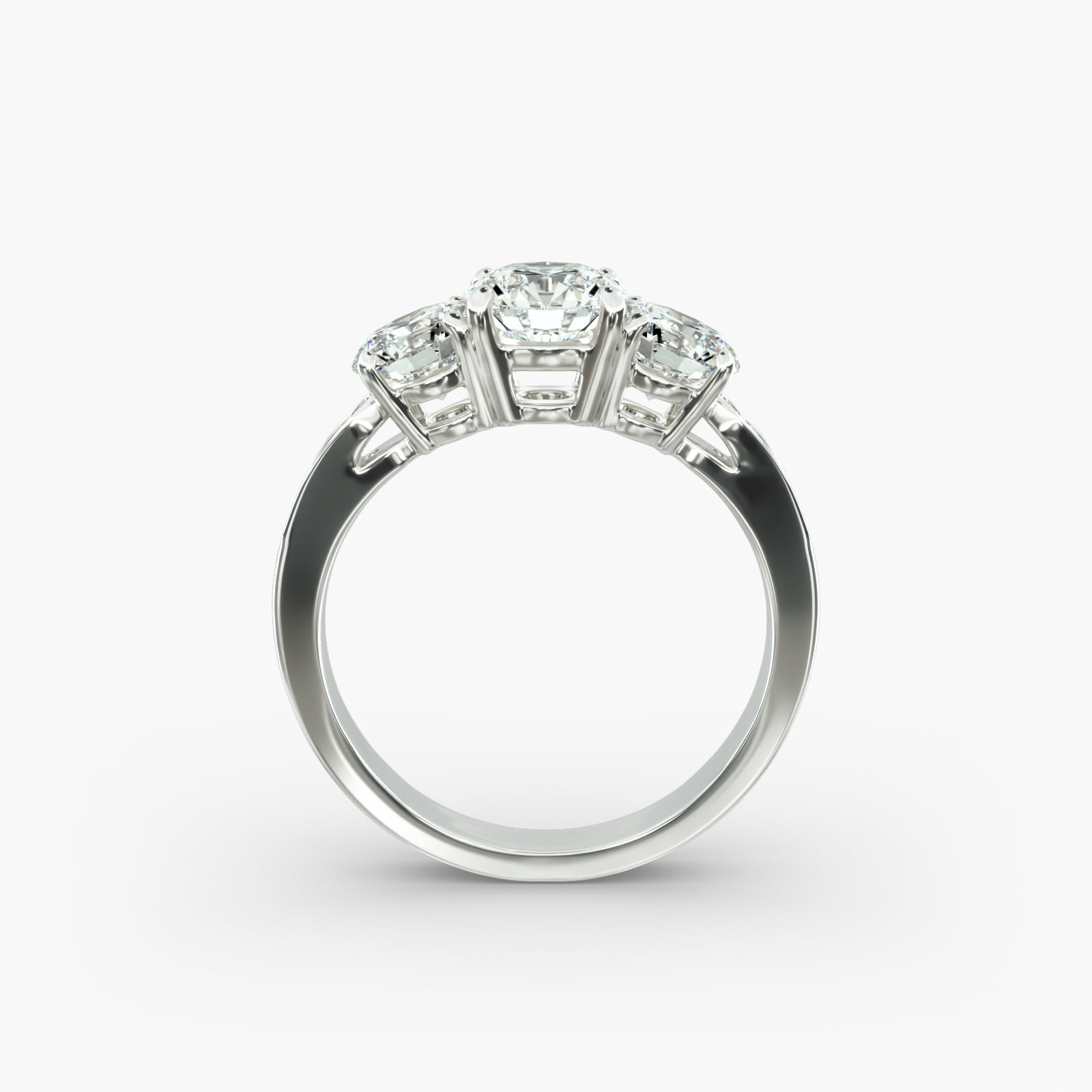 Round Diamond Three Stone Engagement Ring With Pavé Set Diamonds In 14K White Gold