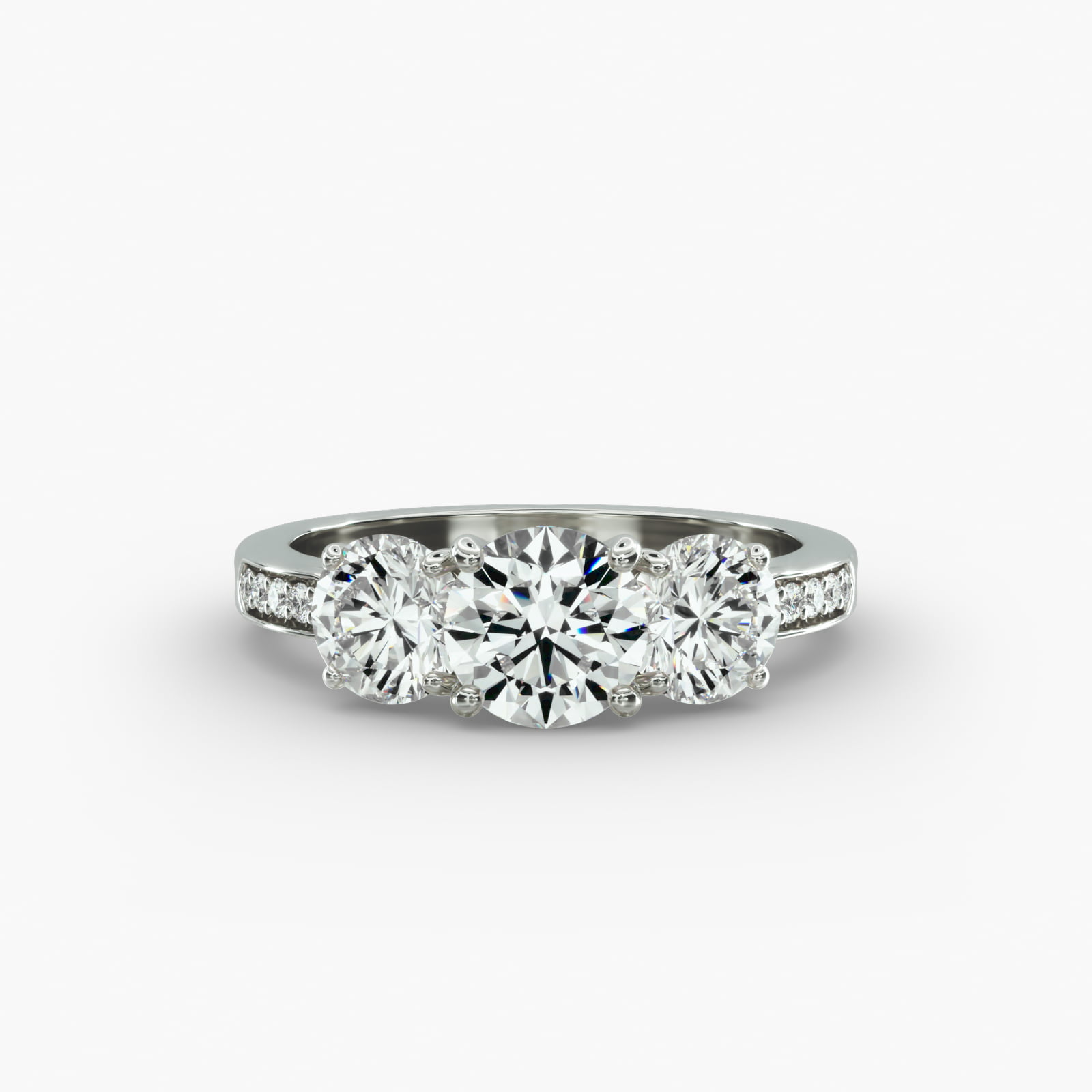 Round Diamond Three Stone Engagement Ring With Pavé Set Diamonds In 14K White Gold