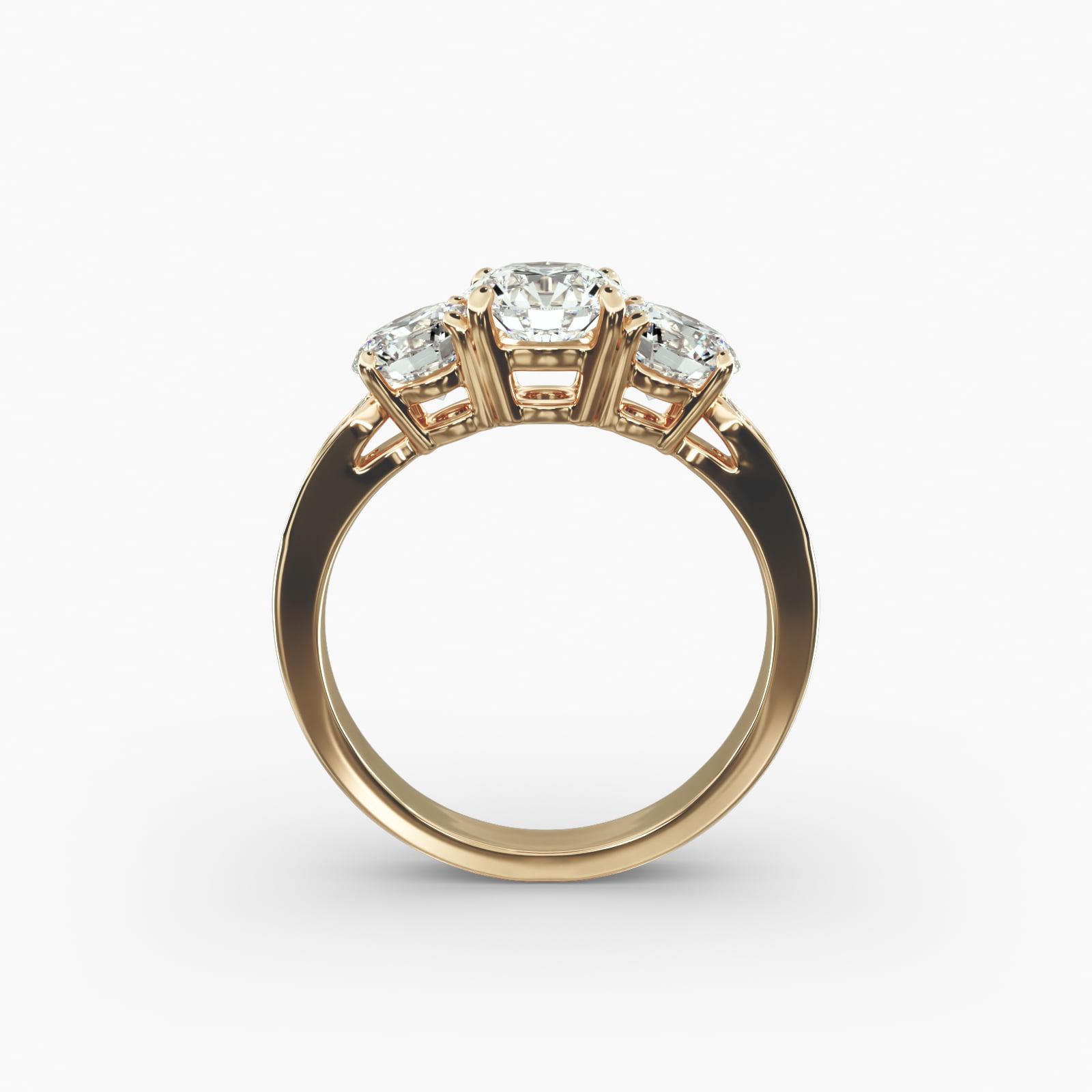 Round Diamond Three Stone Engagement Ring With Pavé Set Diamonds In 14K Yellow Gold