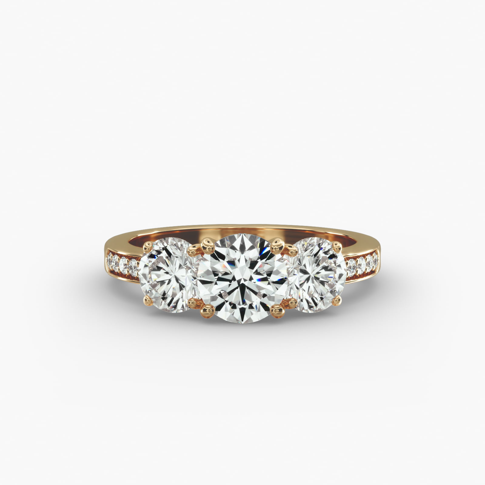 Round Diamond Three Stone Engagement Ring With Pavé Set Diamonds In 14K Yellow Gold