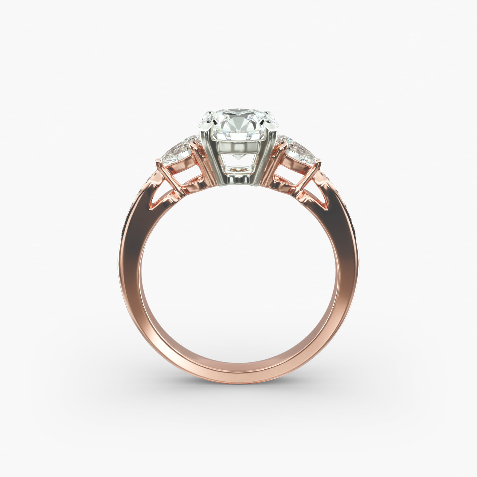 Pear Shaped Diamond Three Stone Engagement Ring With Pavé Set Diamonds In 14K Rose Gold