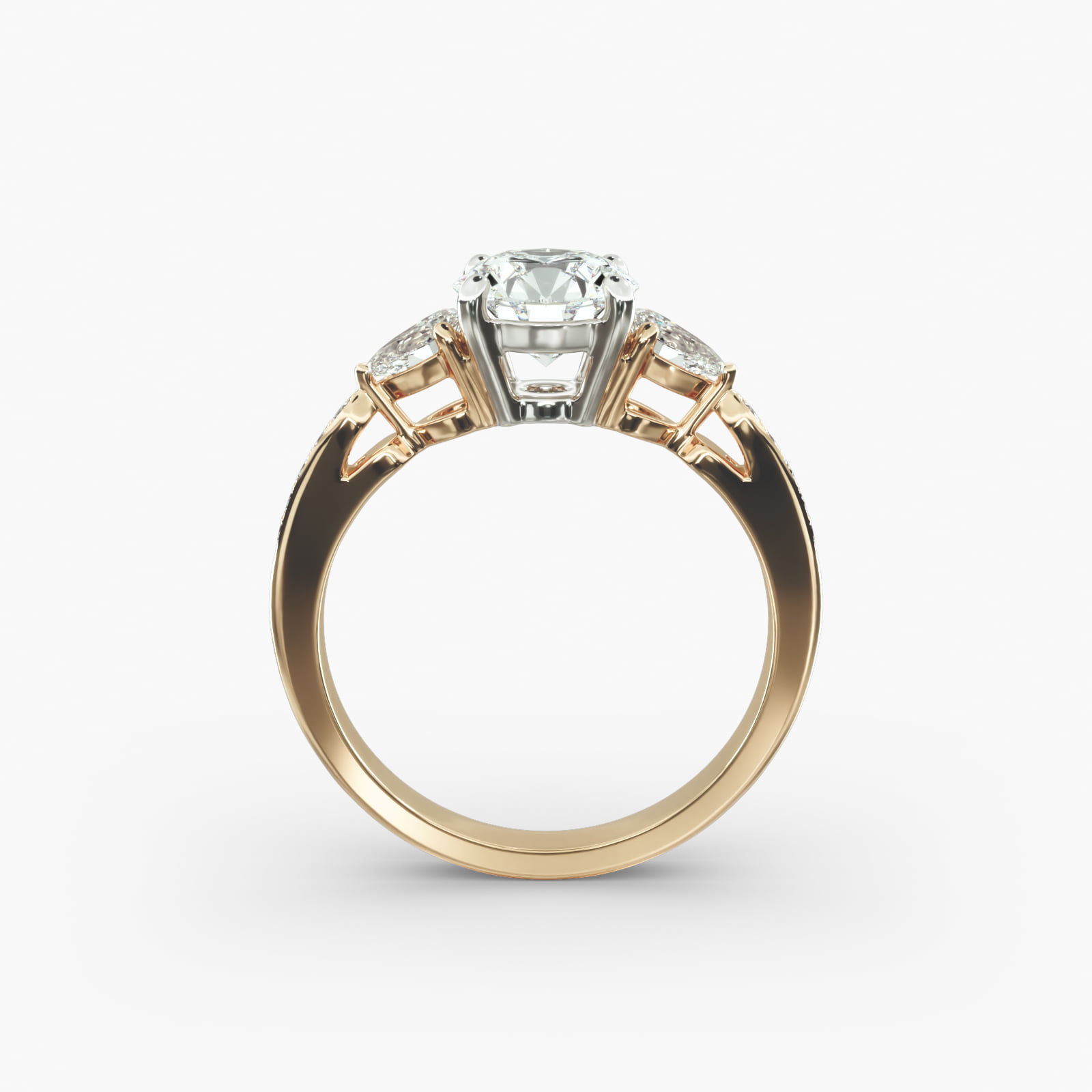 Pear Shaped Diamond Three Stone Engagement Ring With Pavé Set Diamonds In 18K Yellow Gold