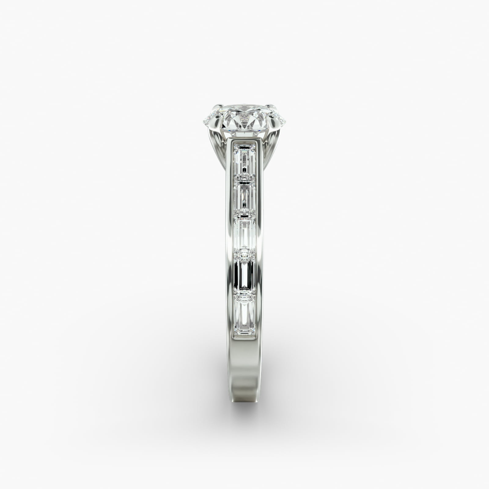Engagement Ring With Channel Set Baguette Cut Diamonds In 14K White Gold