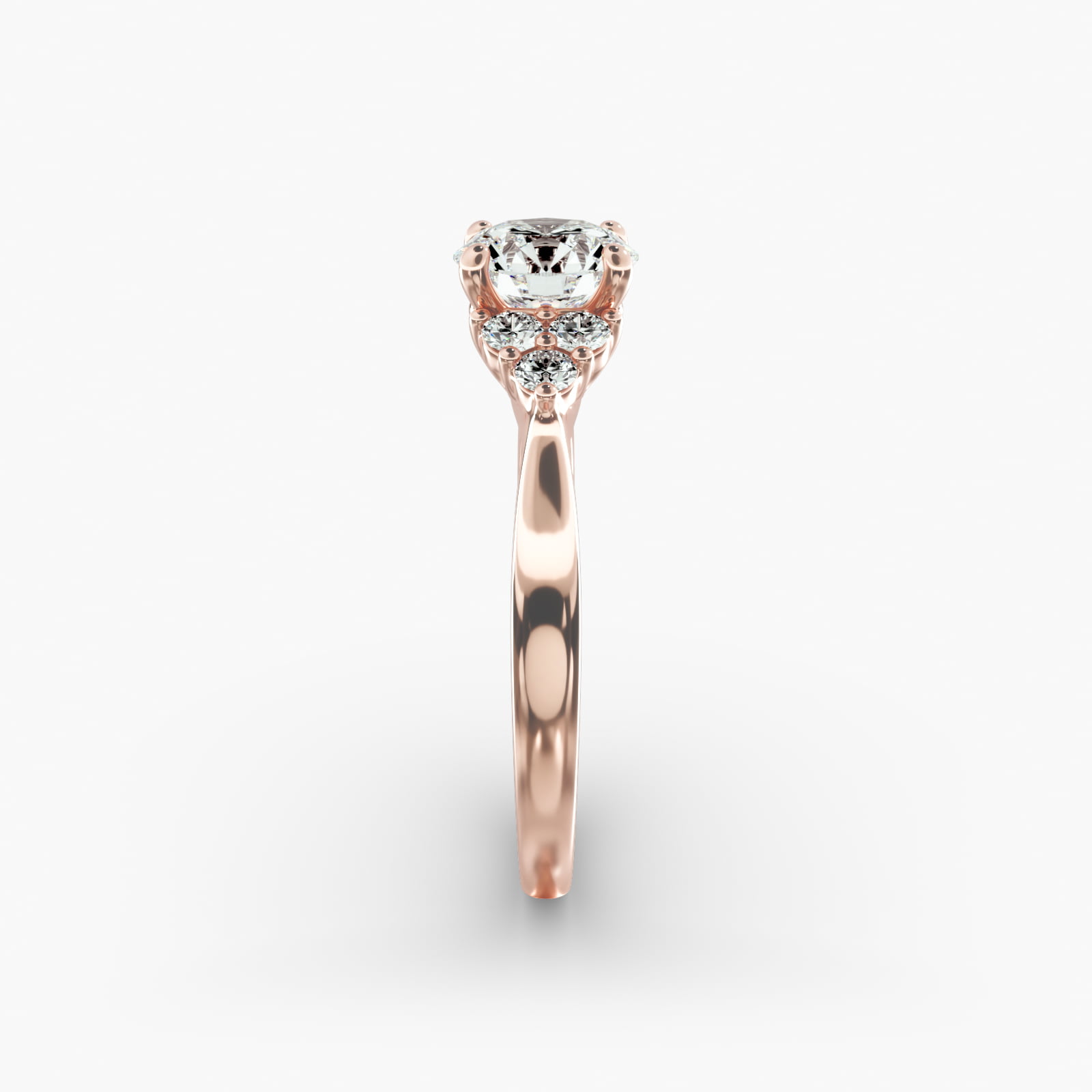 Triple Side Stone Diamond Engagement Ring In 14K Rose Gold