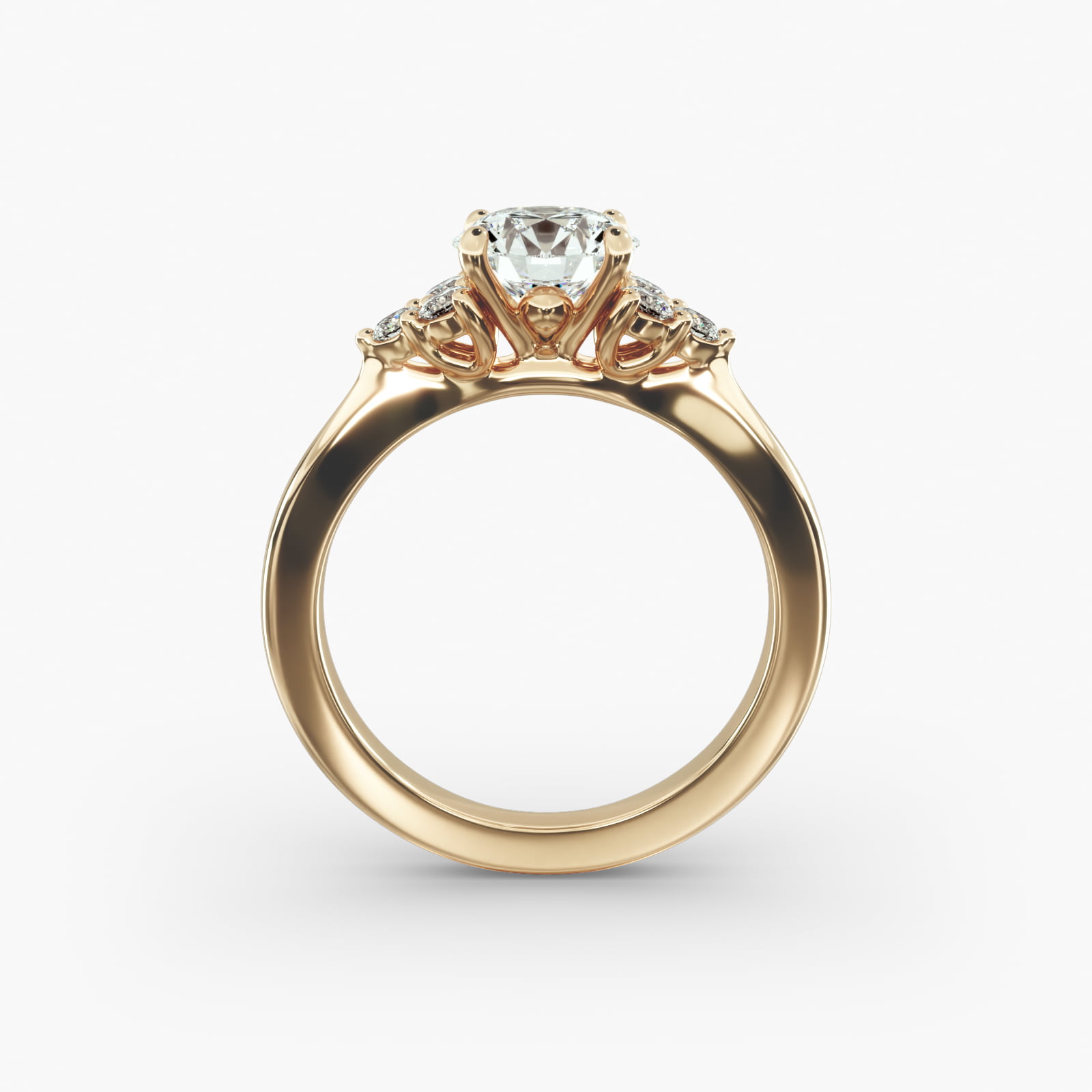 Triple Side Stone Diamond Engagement Ring In 18K Yellow Gold