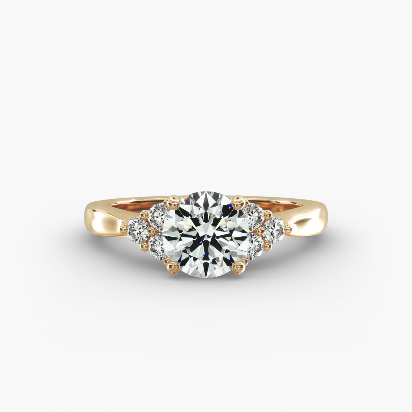 Triple Side Stone Diamond Engagement Ring In 18K Yellow Gold