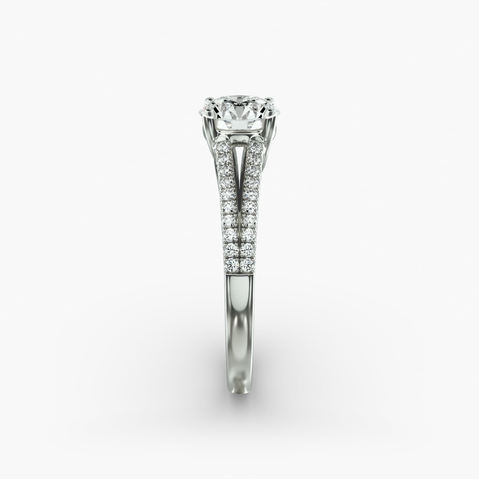 Cross Over Trellis Pavé Diamond Split Shank Engagement Ring In 18K White Gold