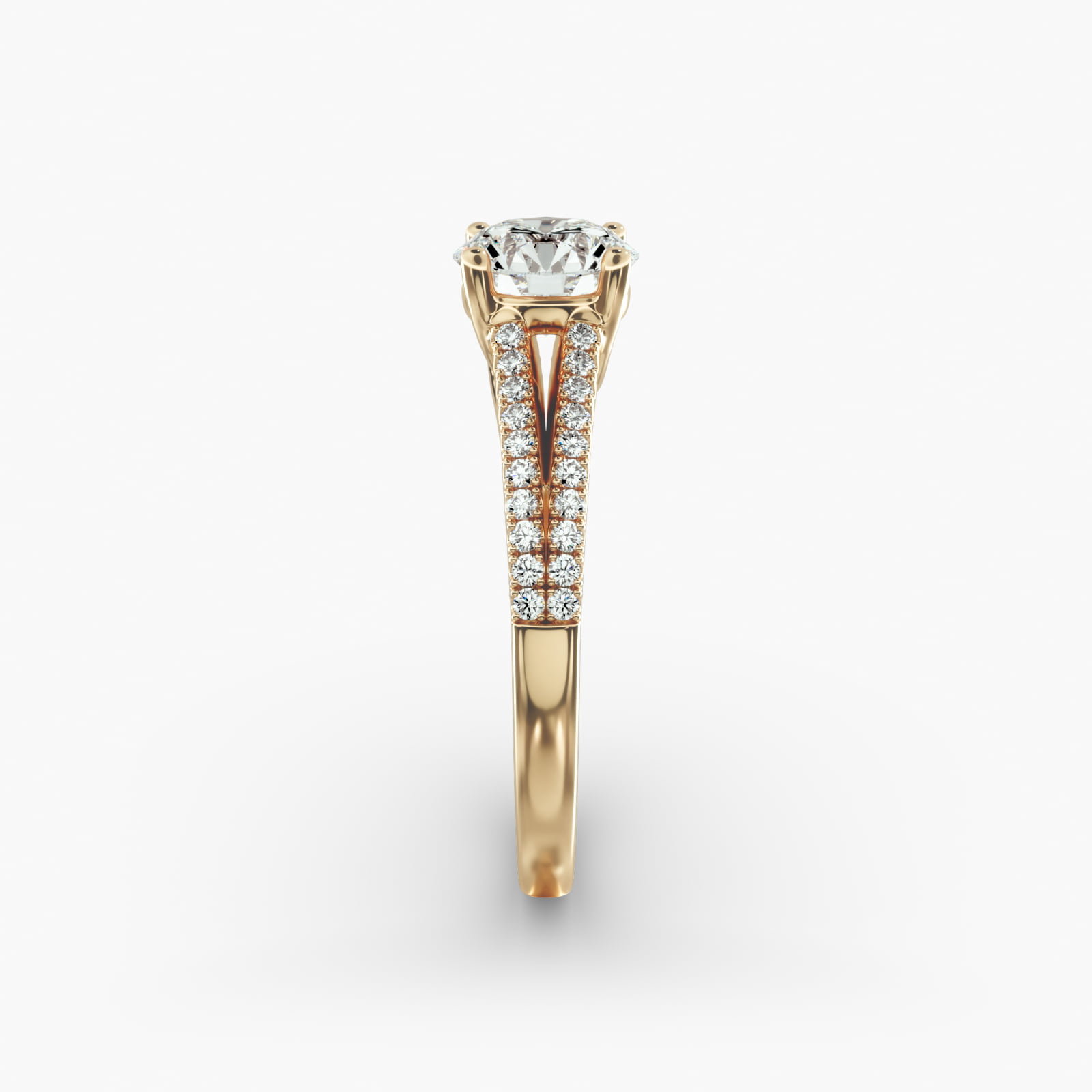Cross Over Trellis Pavé Diamond Split Shank Engagement Ring In 18K Yellow Gold