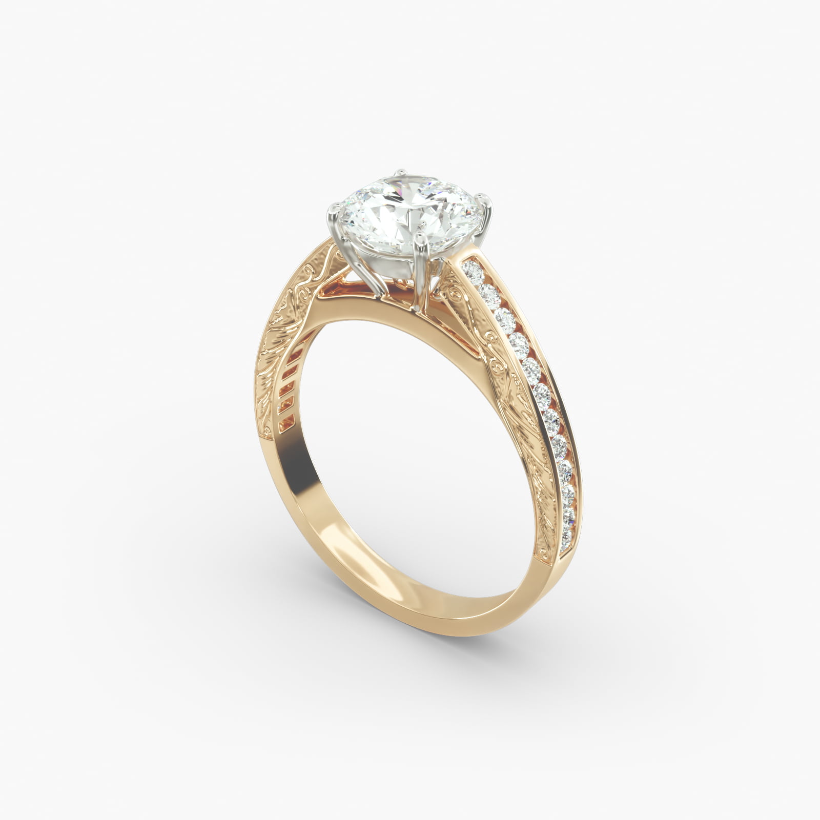 Engraved Engagement Ring With Channel Set Round Diamonds In 14K