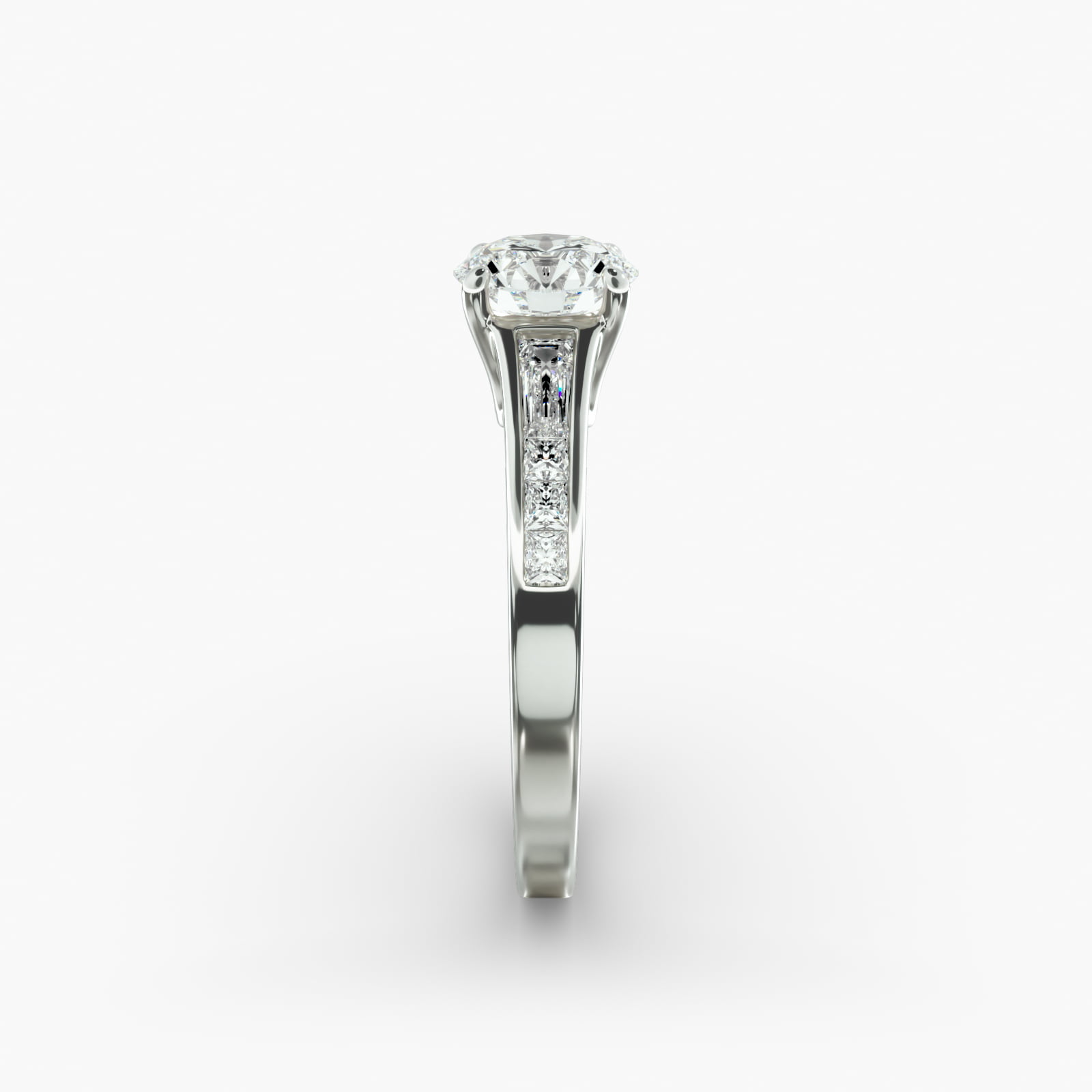 Engagement Ring With Channel Set Tapered Baguette And Princess Cut Diamonds In 18K White Gold