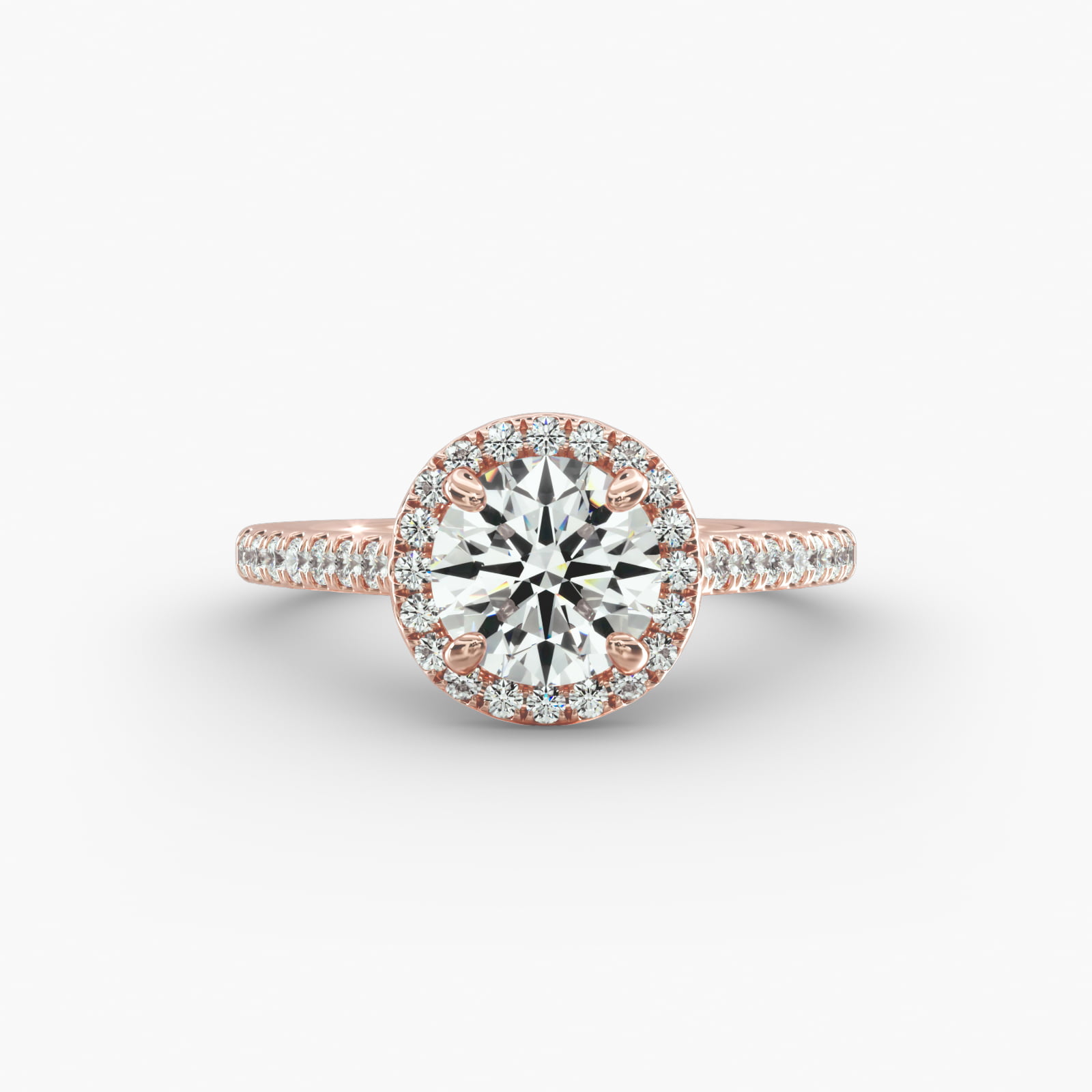 Pavé Halo And Shank Diamond Engagement Ring In 14K Rose Gold (Round)