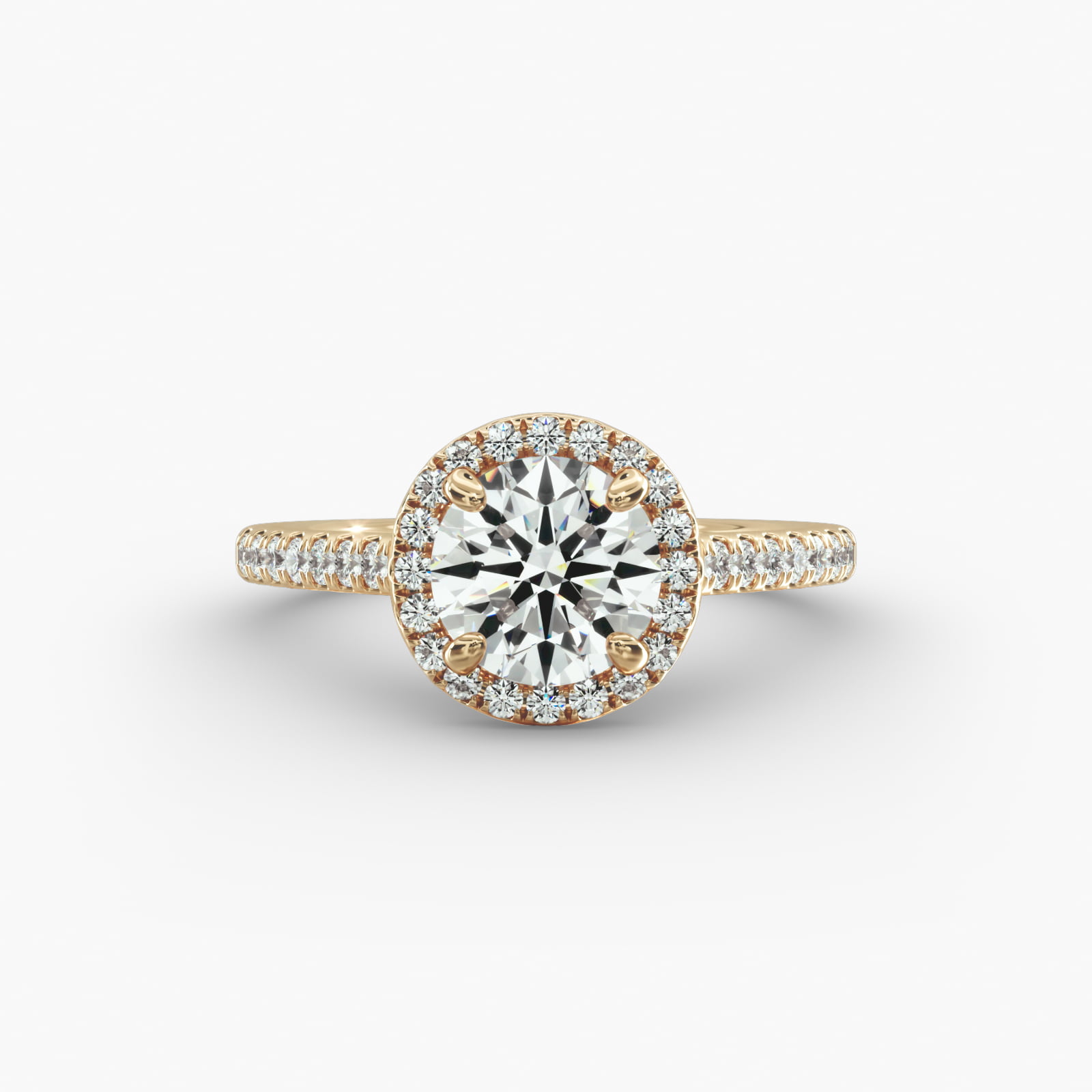 Pavé Halo And Shank Diamond Engagement Ring In 14K Yellow Gold