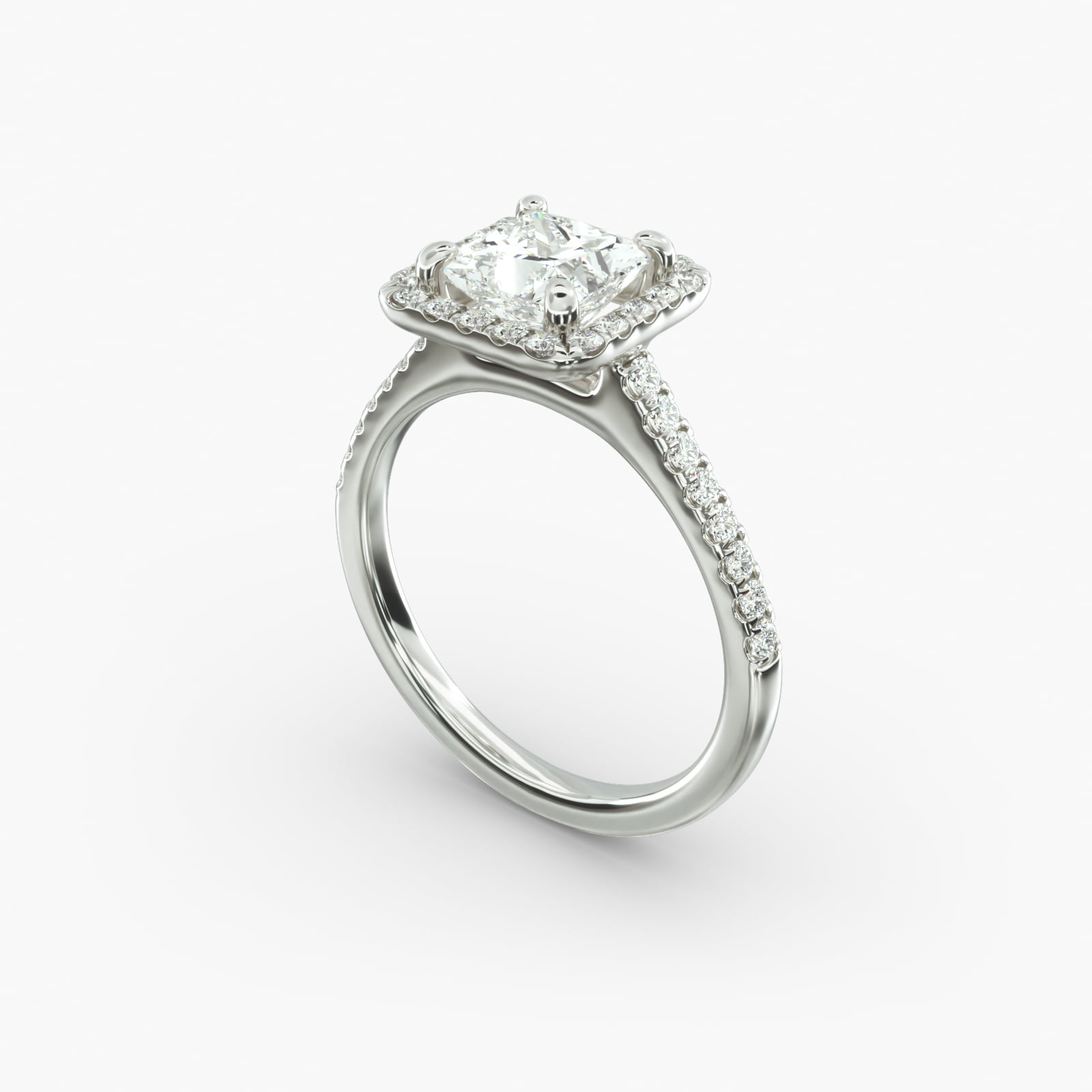 Pavé Halo And Shank Diamond Engagement Ring In Platinum (Princess