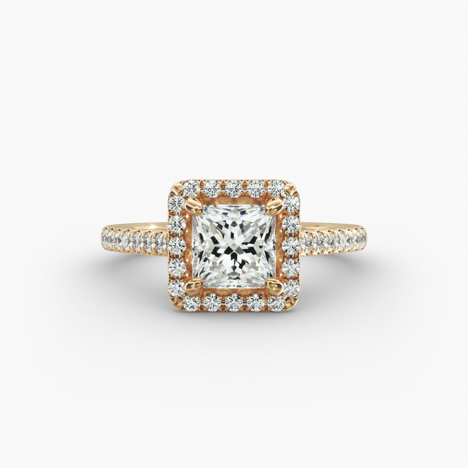 Pavé Halo And Shank Diamond Engagement Ring In 18K Yellow Gold