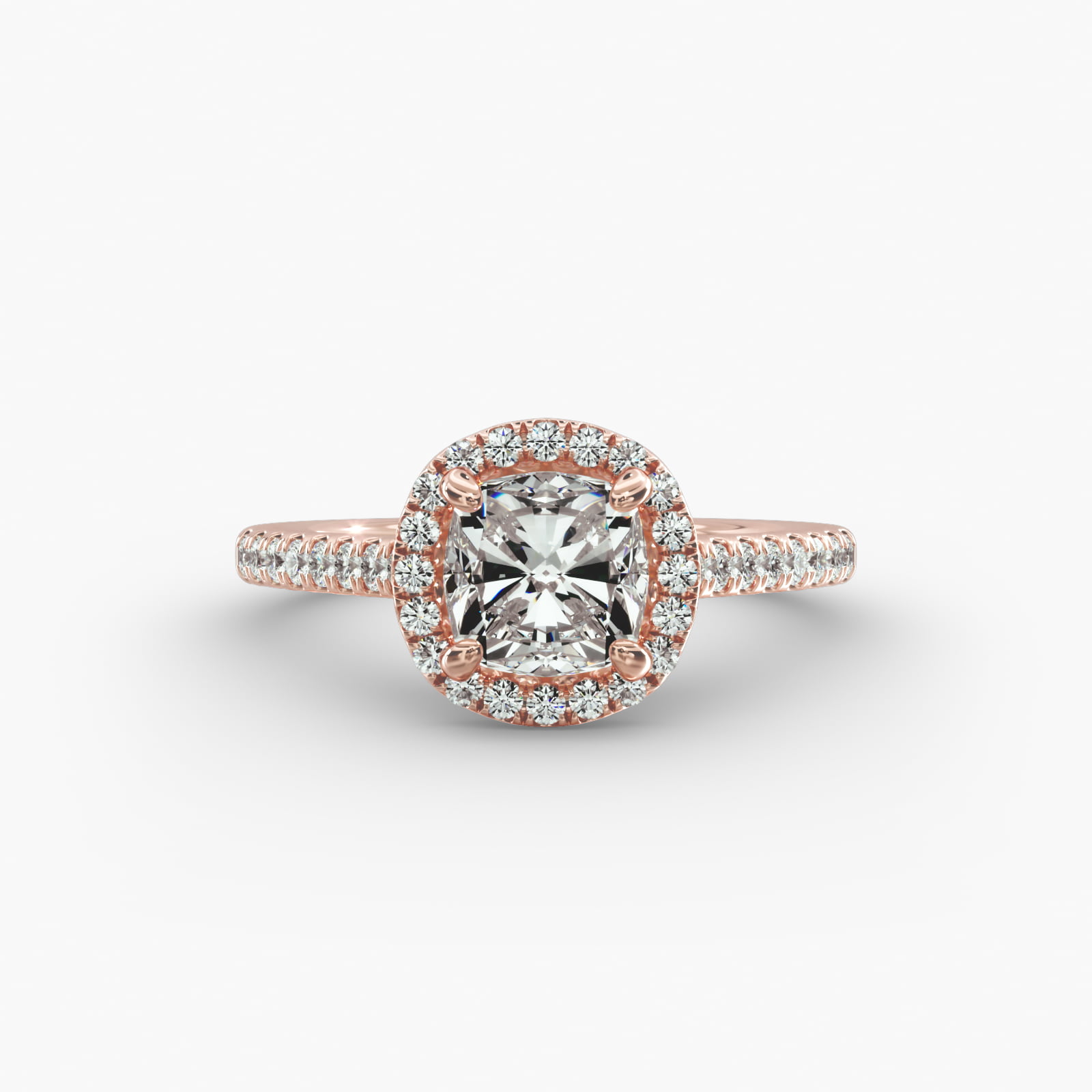 Pavé Diamond Halo Engagement Ring In 14K Rose Gold (Cushion, Emerald, Radiant)