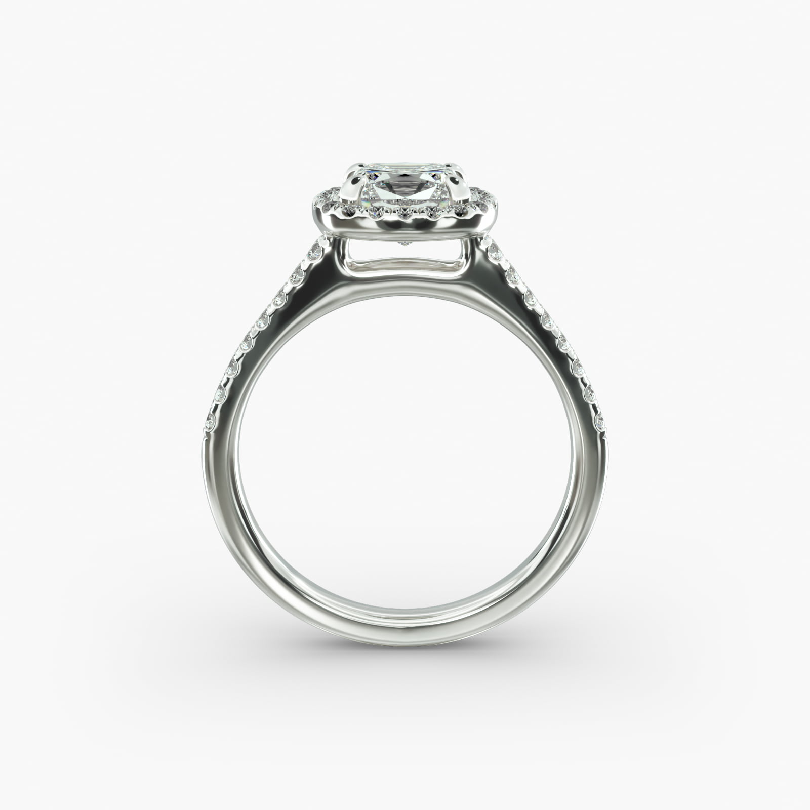 Pavé Halo And Shank Diamond Engagement Ring In 14K White Gold (Cushion, Emerald, Radiant)