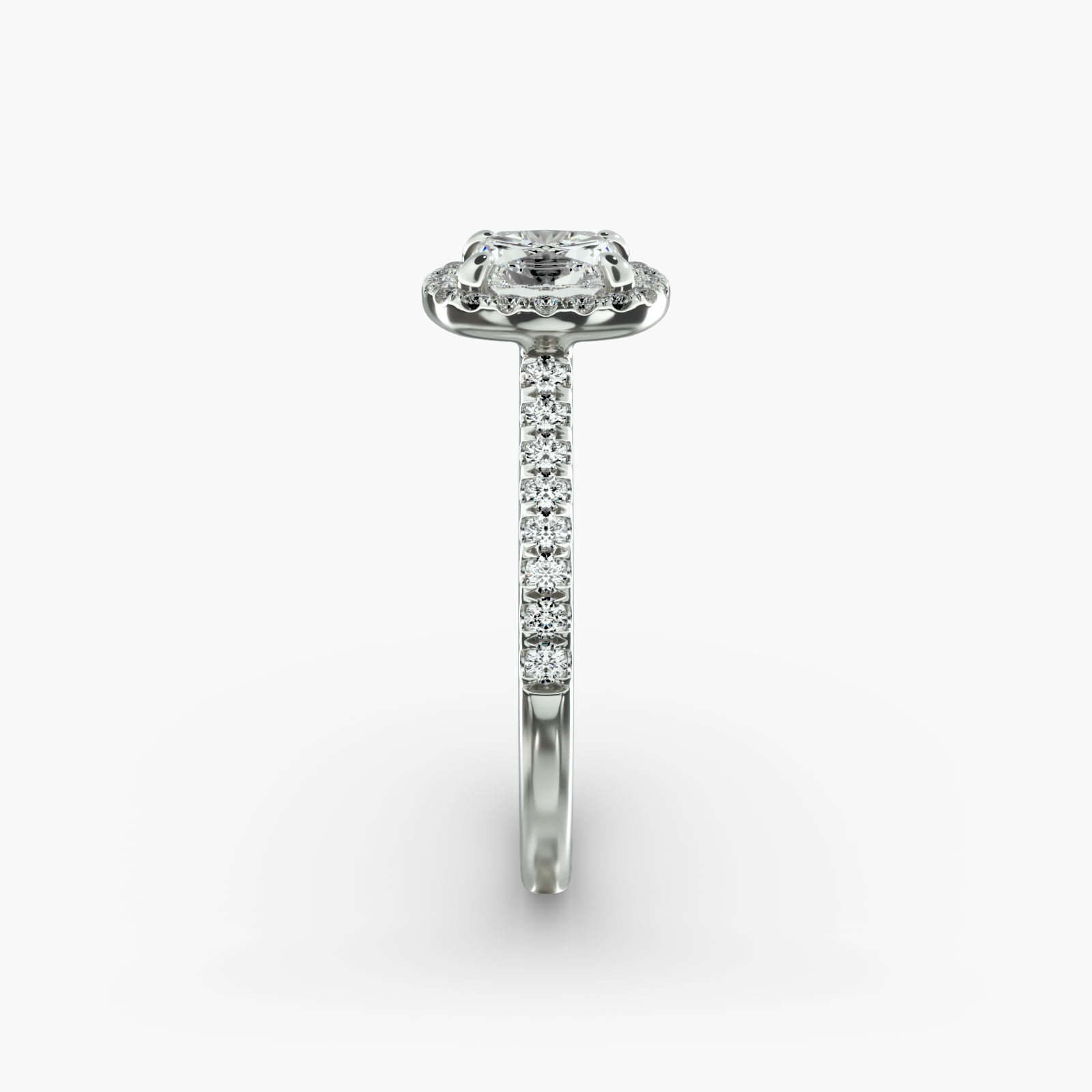 Pavé Halo And Shank Diamond Engagement Ring In 14K White Gold (Cushion, Emerald, Radiant)