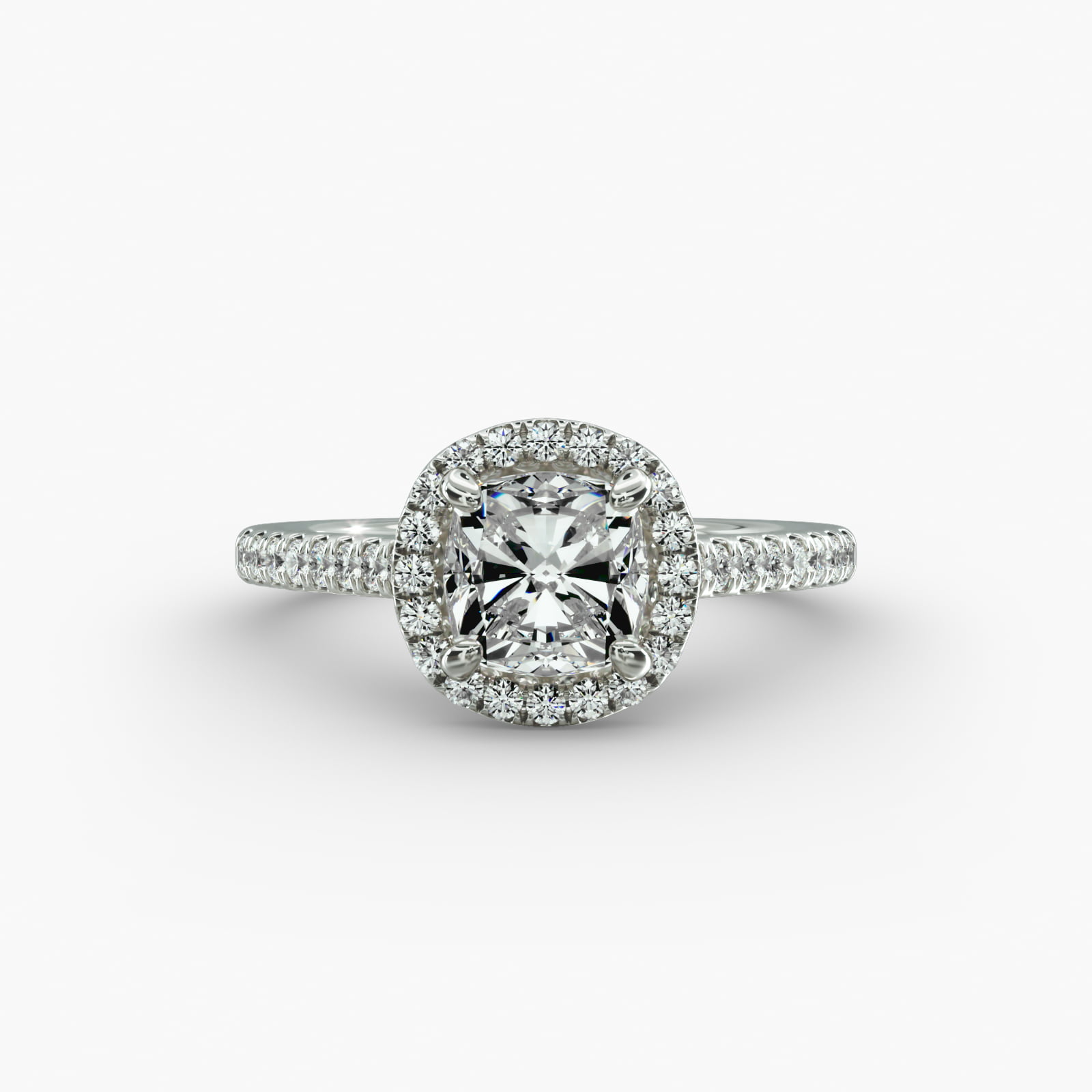 Pavé Halo And Shank Diamond Engagement Ring In 14K White Gold (Cushion, Emerald, Radiant)