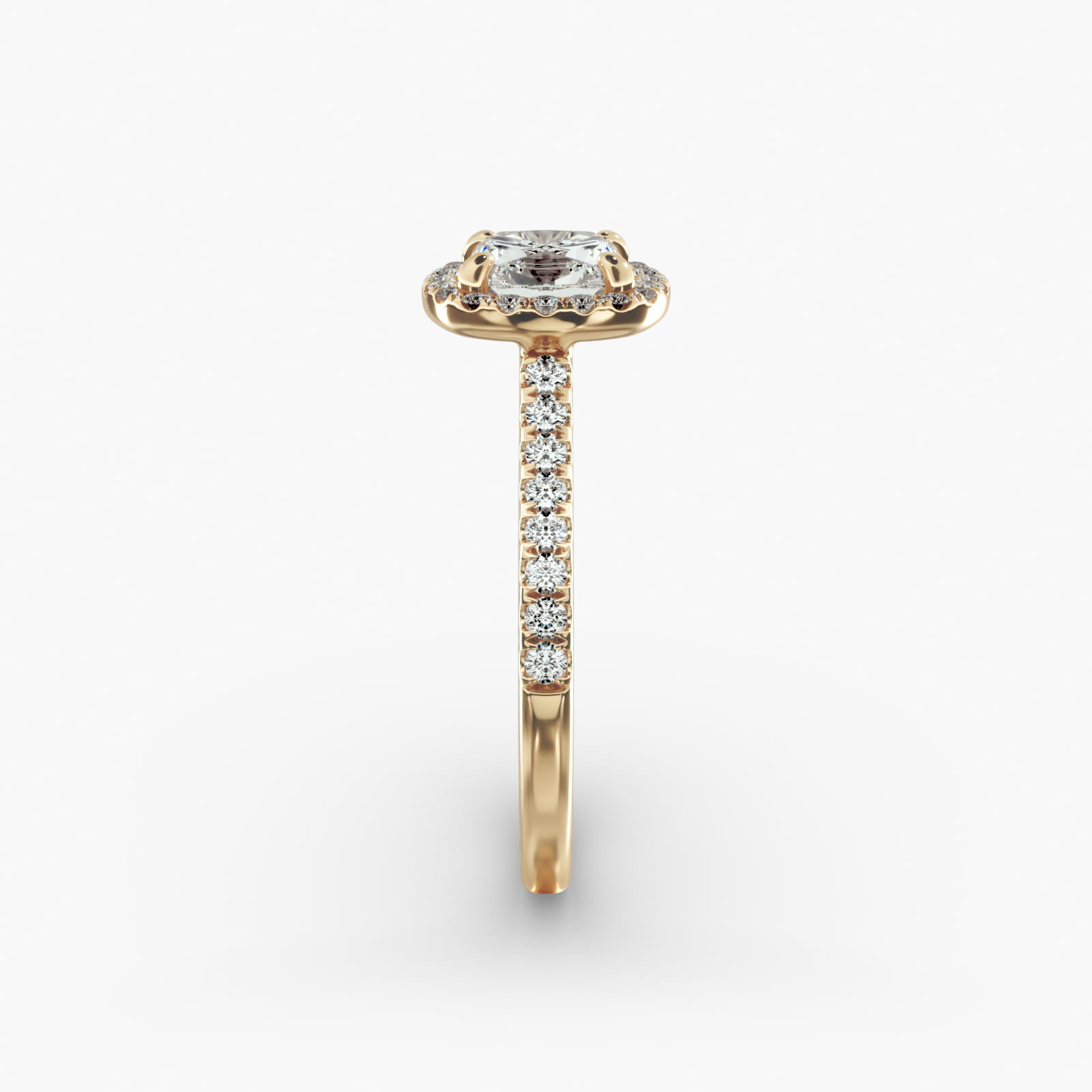 Pavé Halo And Shank Diamond Engagement Ring In 18K Yellow Gold (Cushion, Emerald, Radiant)