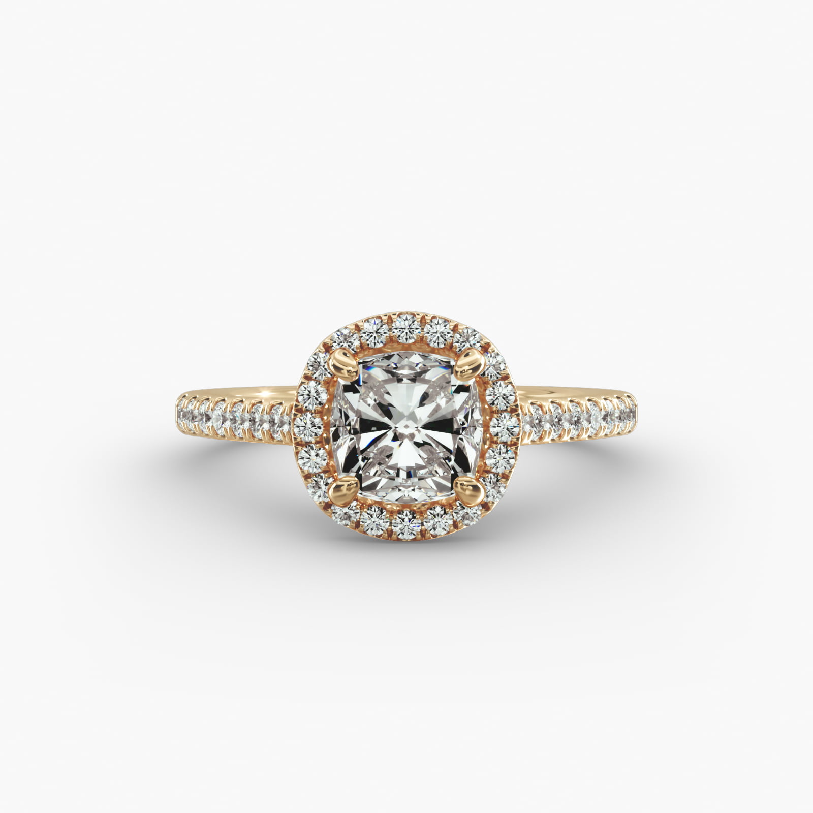 Pavé Halo And Shank Diamond Engagement Ring In 18K Yellow Gold (Cushion, Emerald, Radiant)