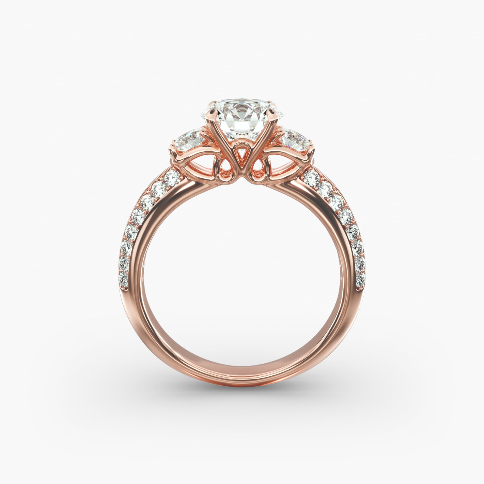 Flowering Diamond Three Stone Engagement Ring In 14K Rose Gold