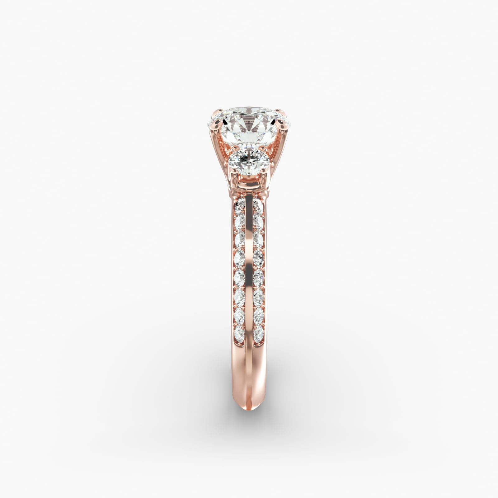 Flowering Diamond Three Stone Engagement Ring In 14K Rose Gold