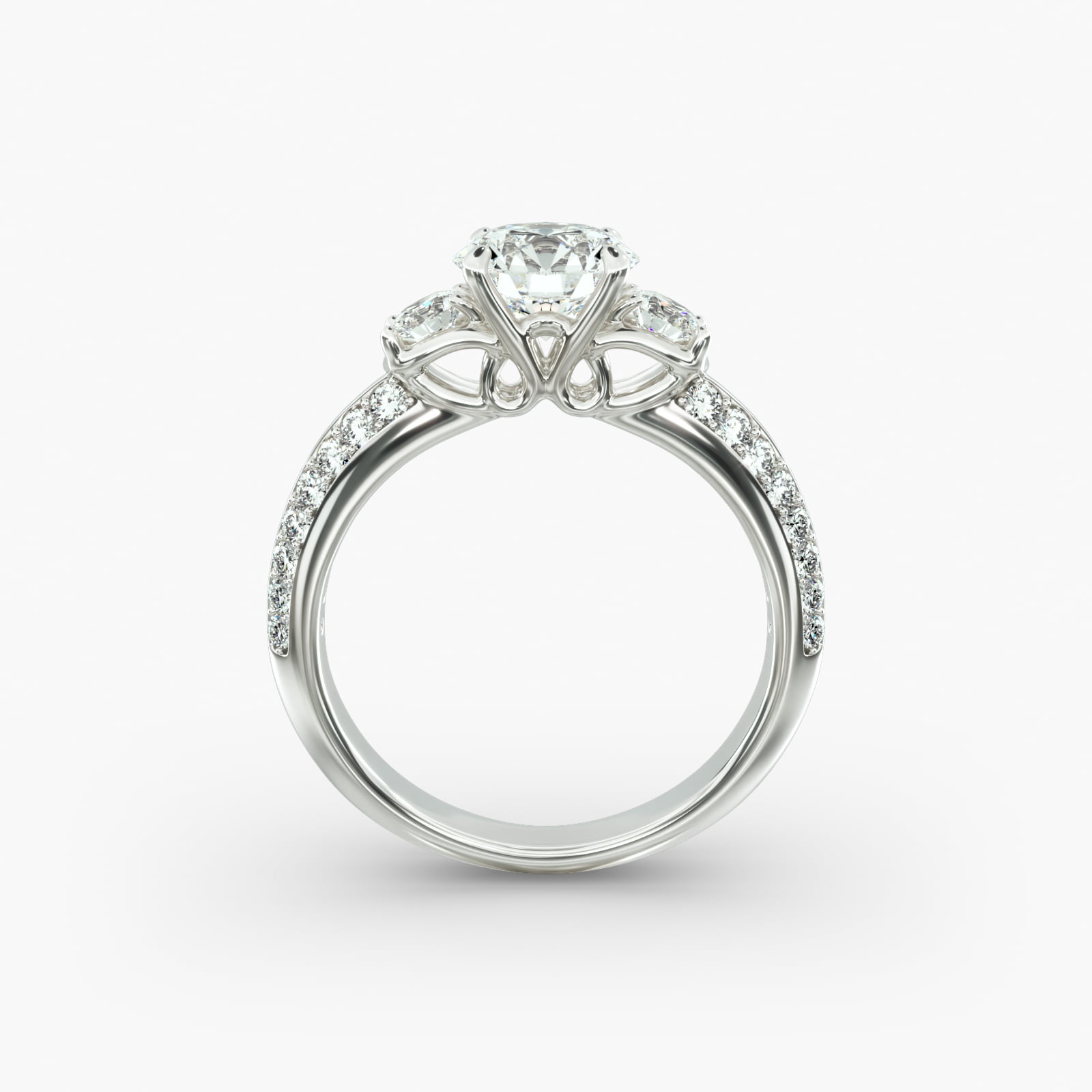 Flowering Diamond Three Stone Engagement Ring In 14K White Gold