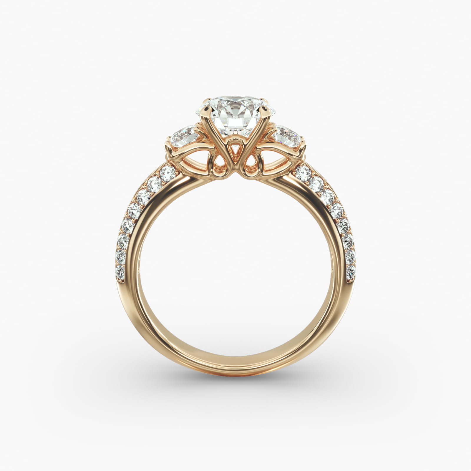 Flowering Diamond Three Stone Engagement Ring In 14K Yellow Gold