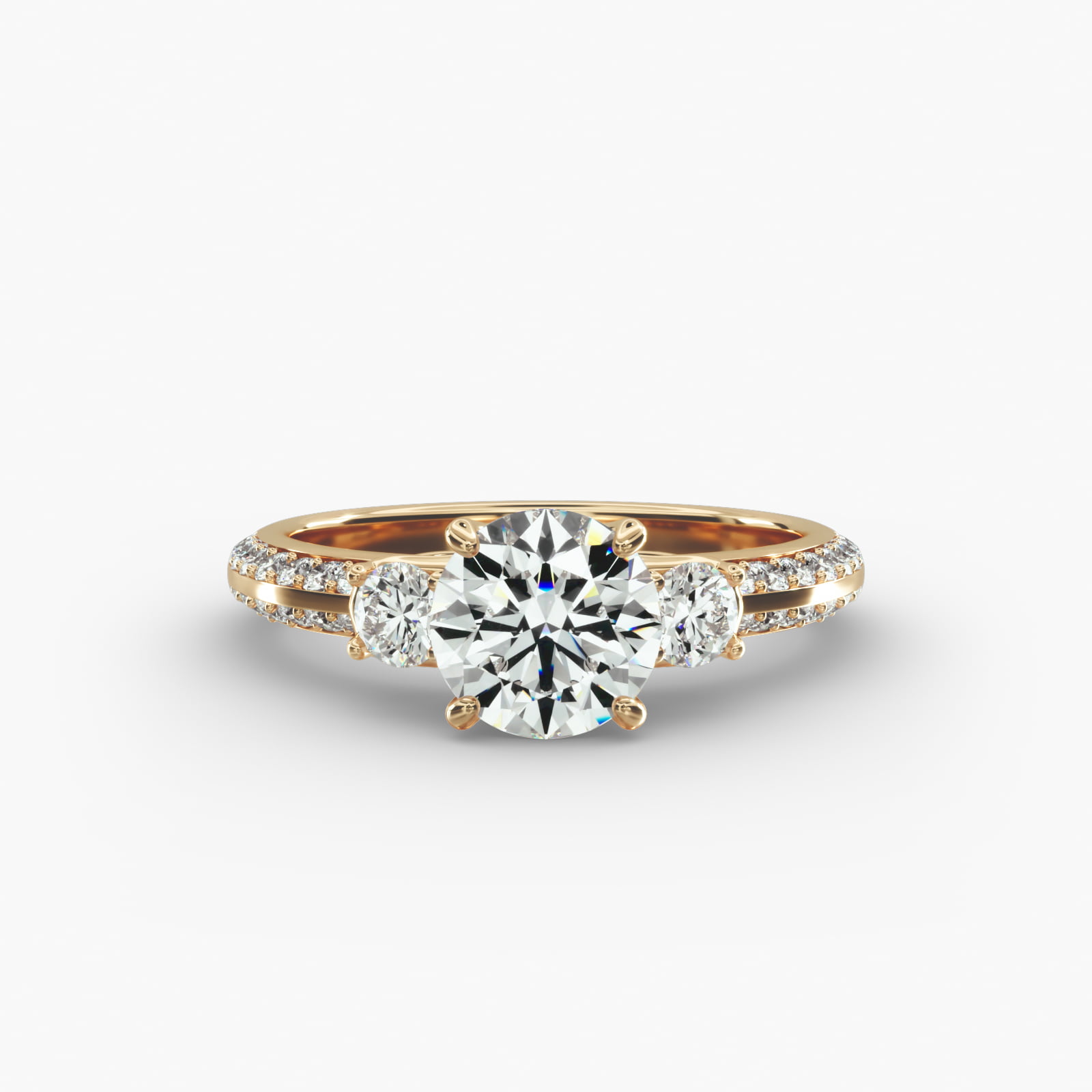 Flowering Diamond Three Stone Engagement Ring In 14K Yellow Gold