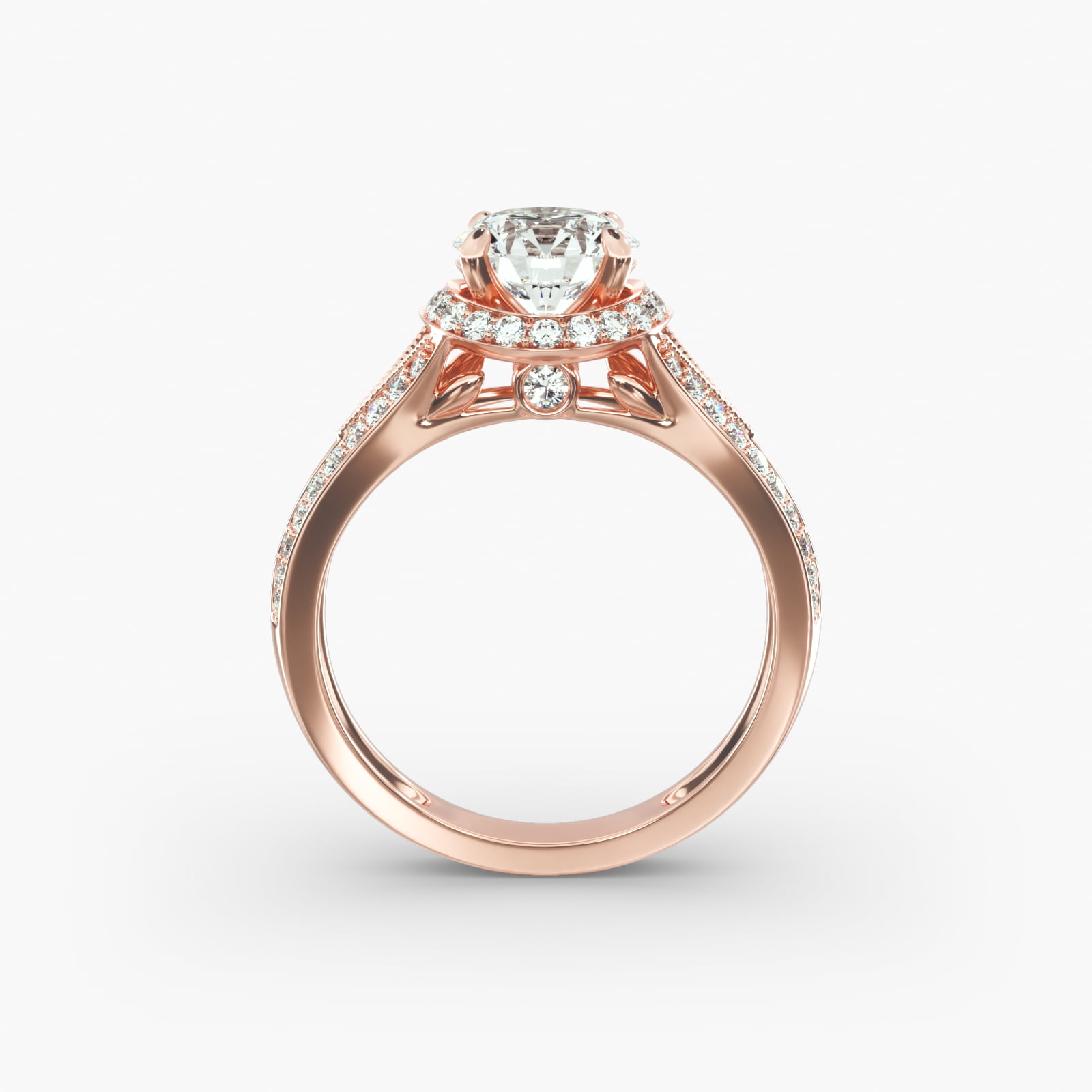 Flowering Tulip Diamond Halo Engagement Ring In 14K Rose Gold