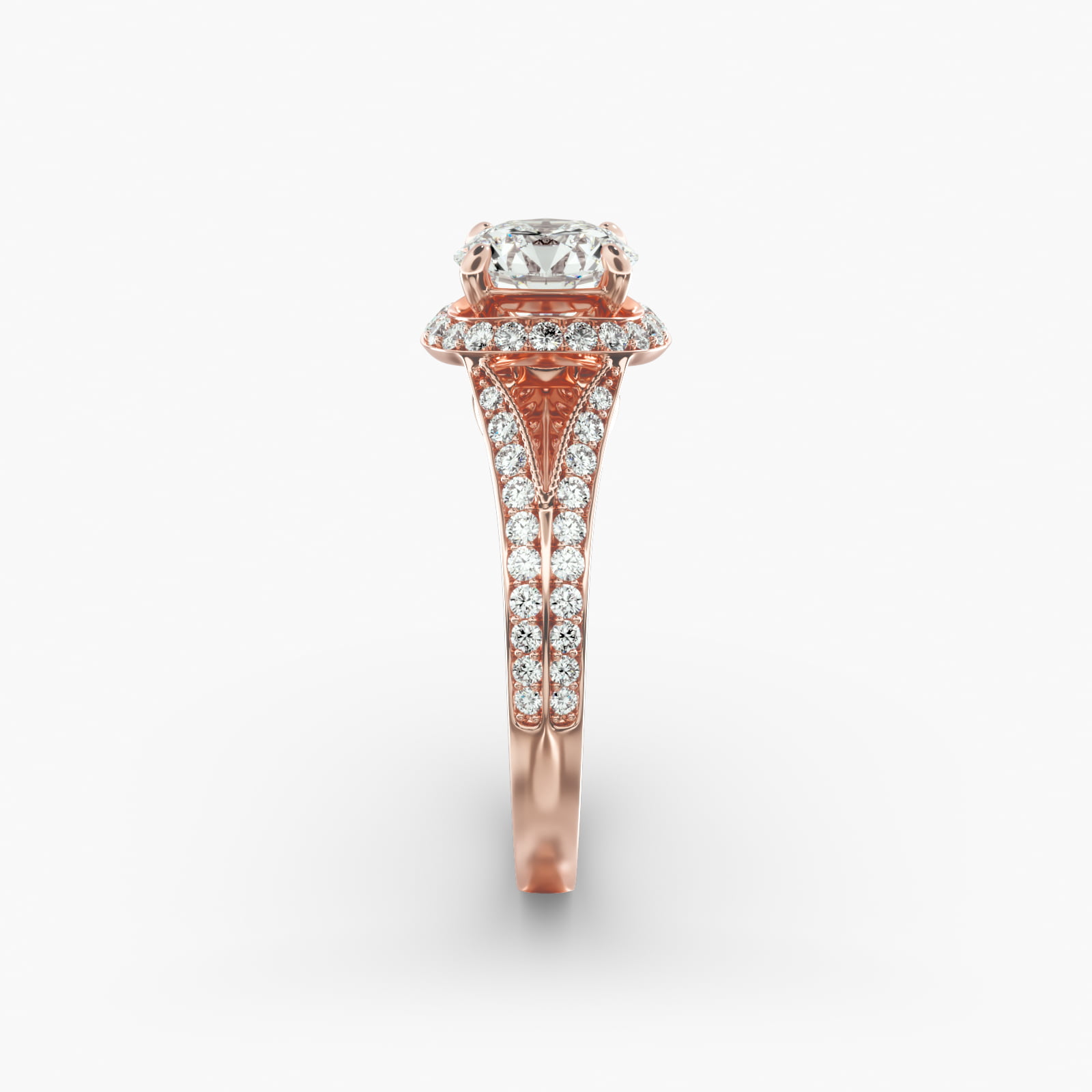 Flowering Tulip Diamond Halo Engagement Ring In 14K Rose Gold