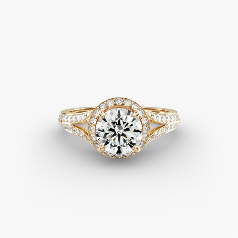 Flowering Tulip Diamond Halo Engagement Ring In 14K Yellow Gold