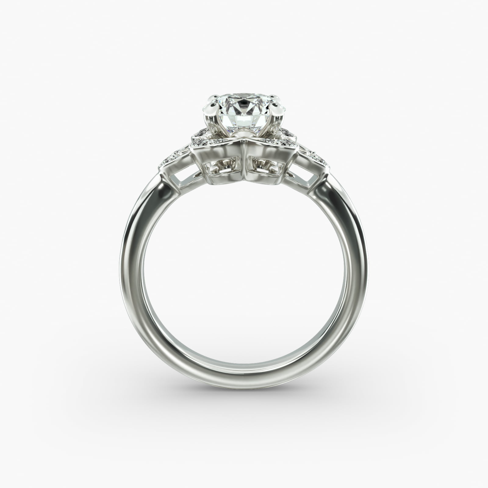 Art Deco Inspired Flower Halo Vintage-Style Engagement Ring In 14K White Gold