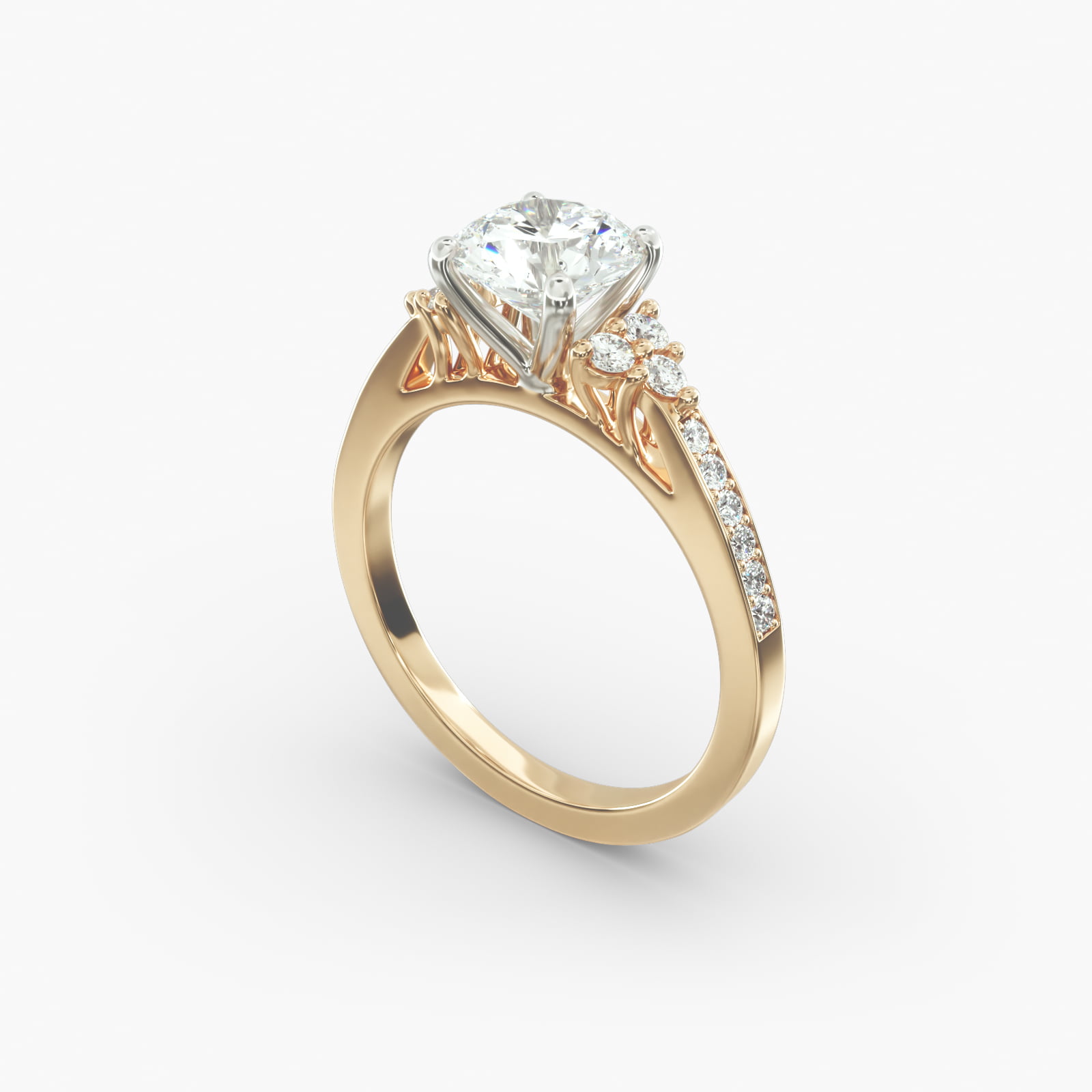 Pavé Trio Side Stone Diamond Engagement Ring In 14K Yellow Gold