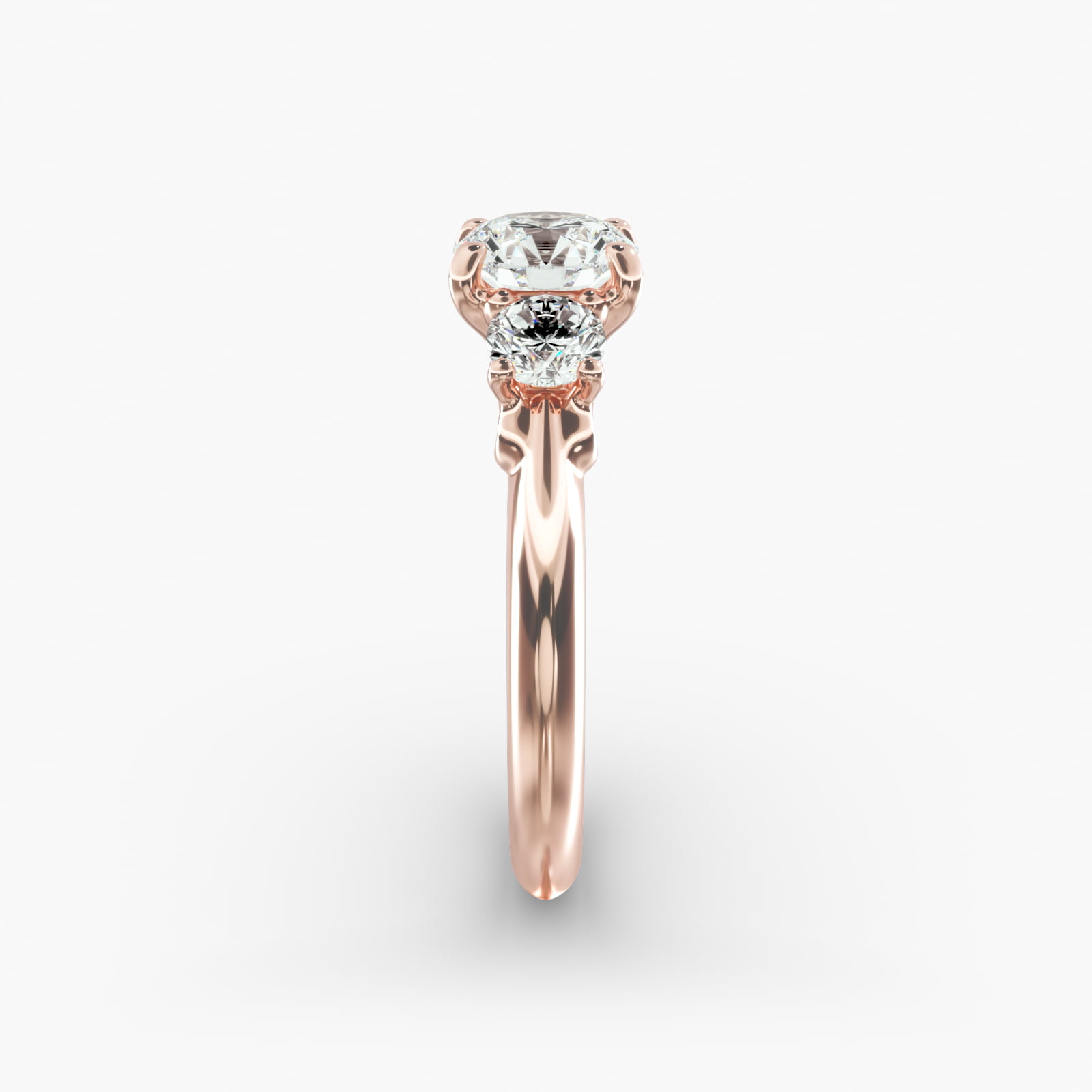 Diamond Three Stone Engagement Ring With Scroll Undergallery In 14K Rose Gold