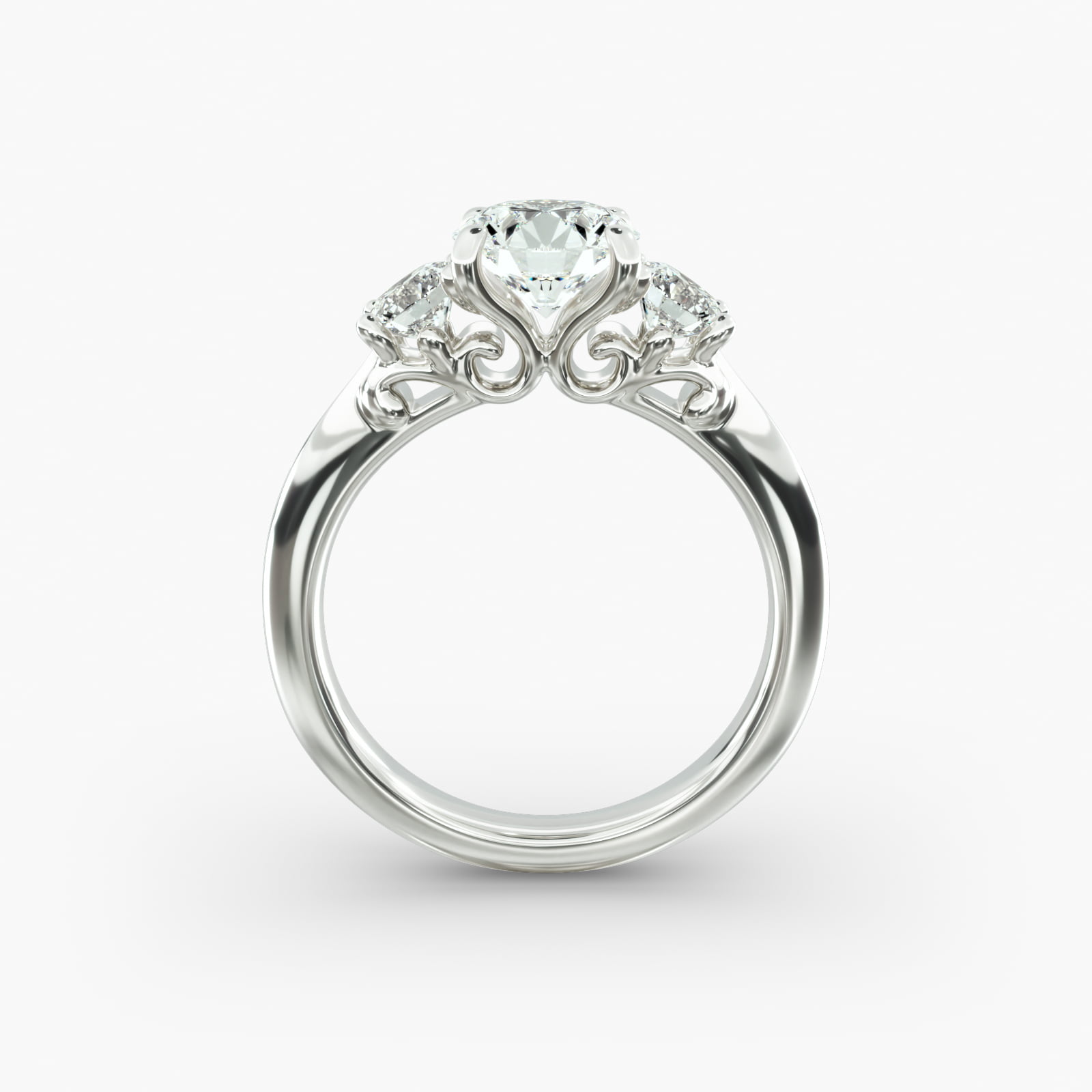 Diamond Three Stone Engagement Ring With Scroll Undergallery In 14K White Gold