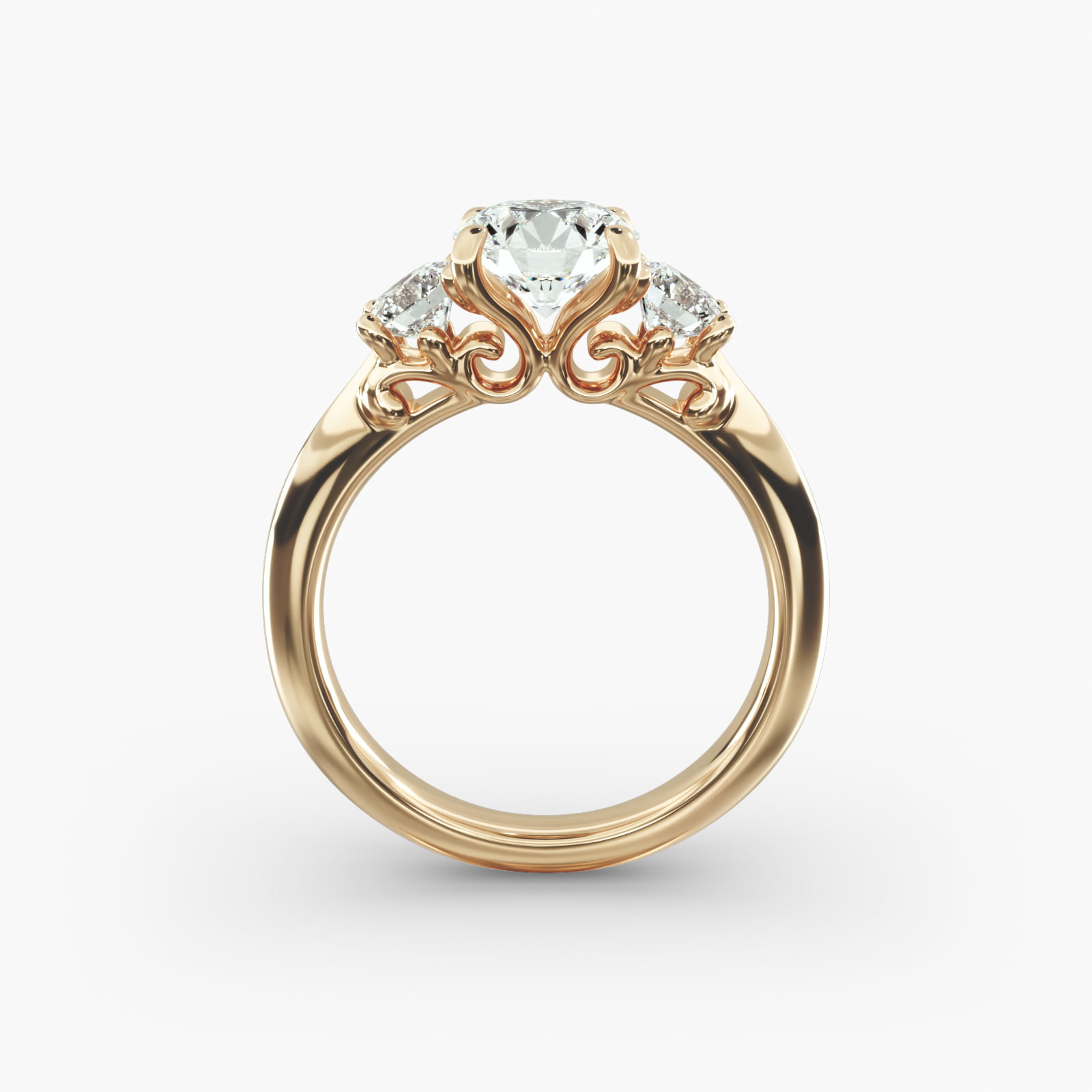 Diamond Three Stone Engagement Ring With Scroll Undergallery In 18K Yellow Gold