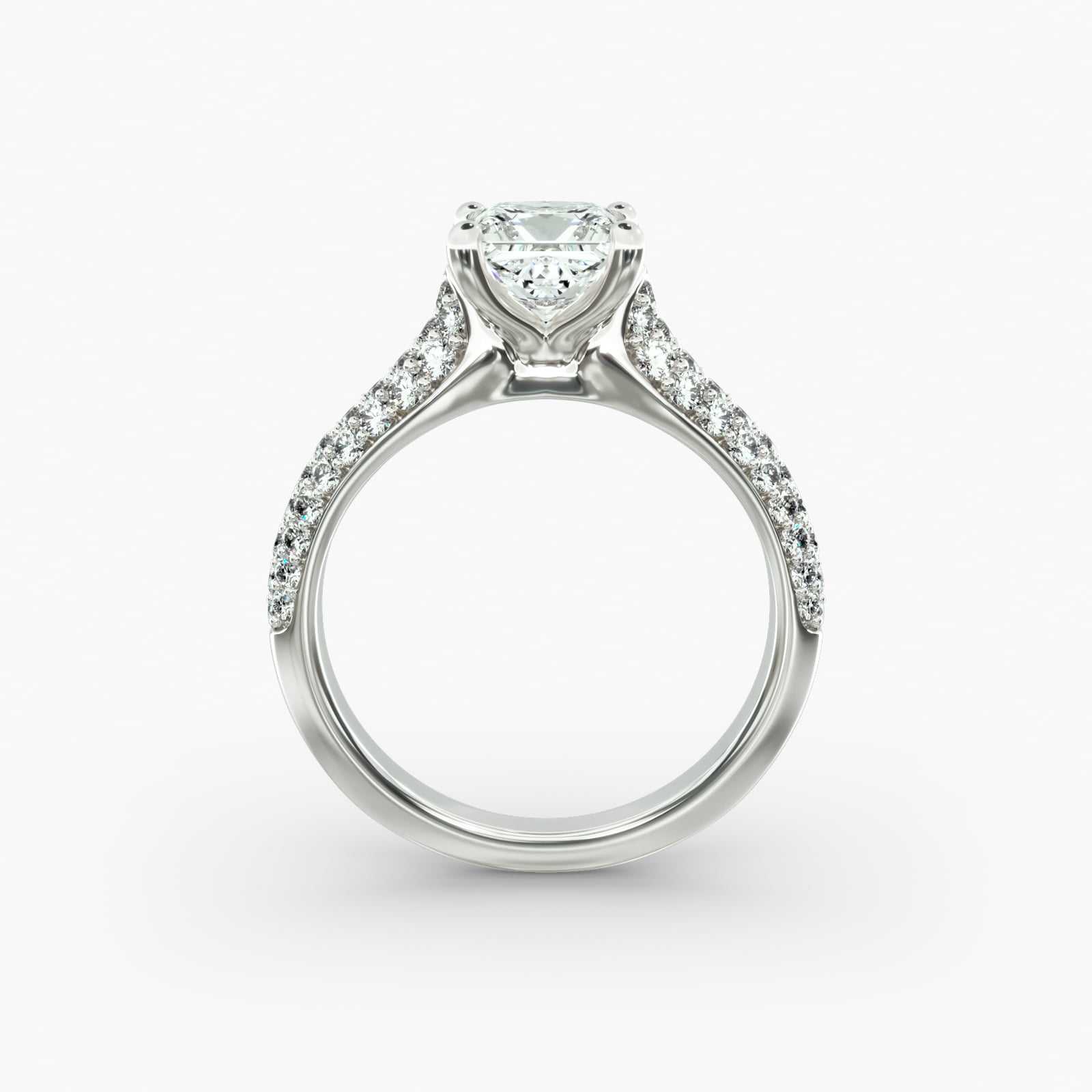 Graduated Triple Row Pavé Diamond Engagement Ring In 14K White Gold