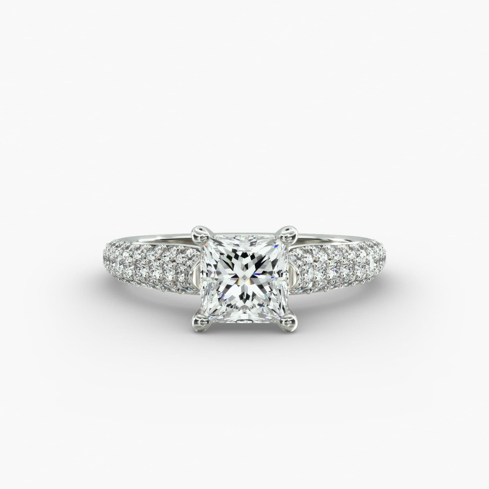 Graduated Triple Row Pavé Diamond Engagement Ring In 14K White Gold