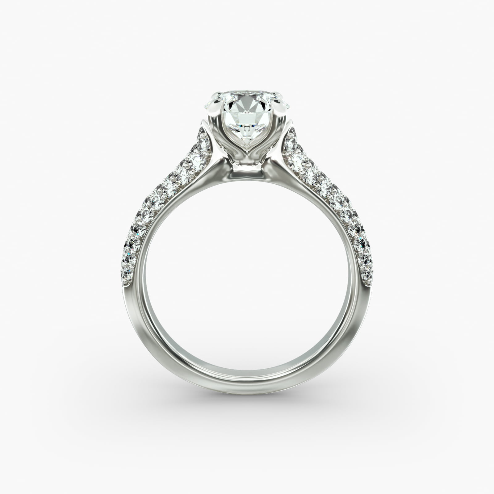 Graduated Triple Row Pavé Diamond Engagement Ring In 14K White Gold