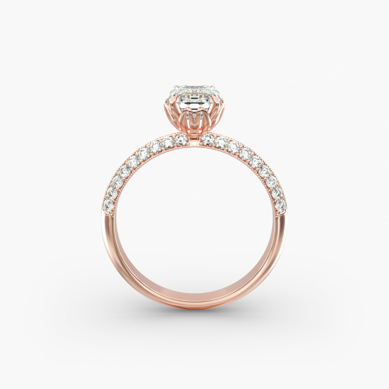 Pavé Knife Edge Lotus Basket Diamond Engagement Ring In 14K Rose Gold