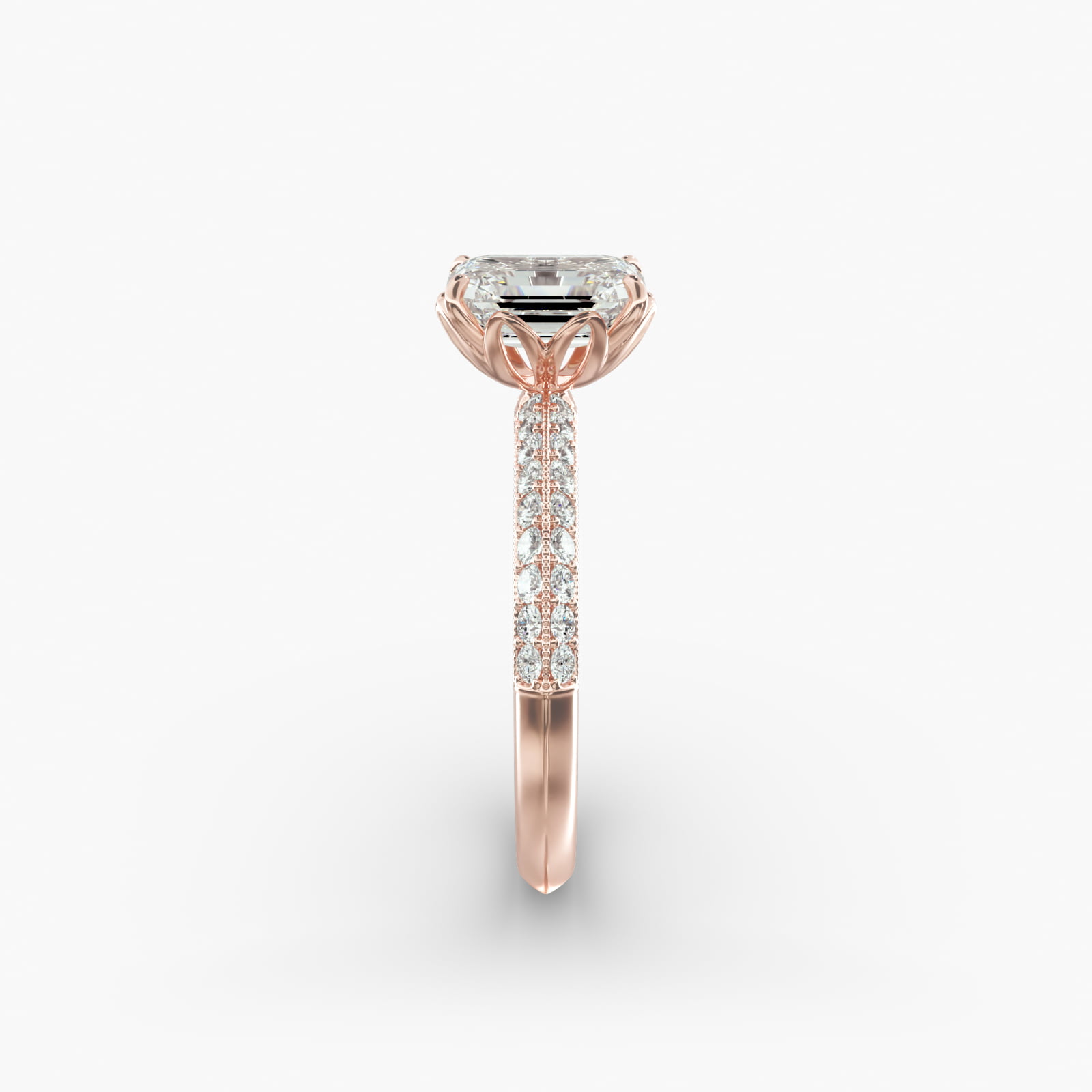 Pavé Knife Edge Lotus Basket Diamond Engagement Ring In 14K Rose Gold