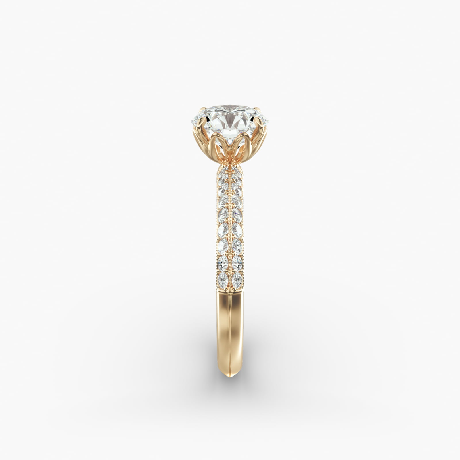 Pavé Knife Edge Lotus Basket Diamond Engagement Ring In 18K Yellow Gold