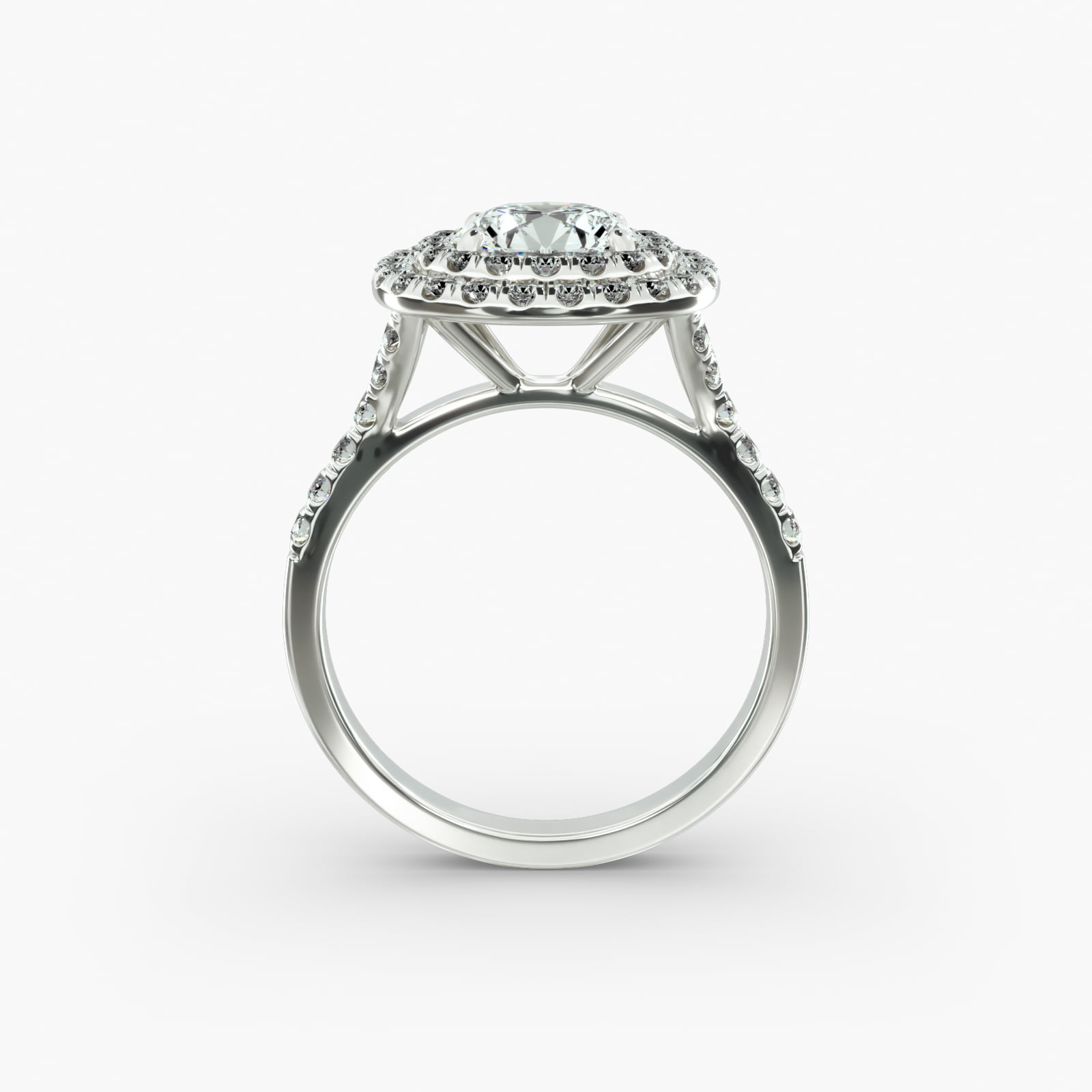 14K White Gold Diamond Split Shank Double Halo Pavé Engagement Ring