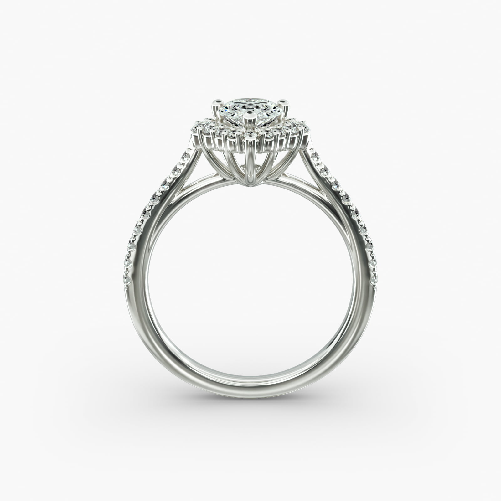Pavé Diamond Halo Cathedral Engagement Ring In 14K White Gold