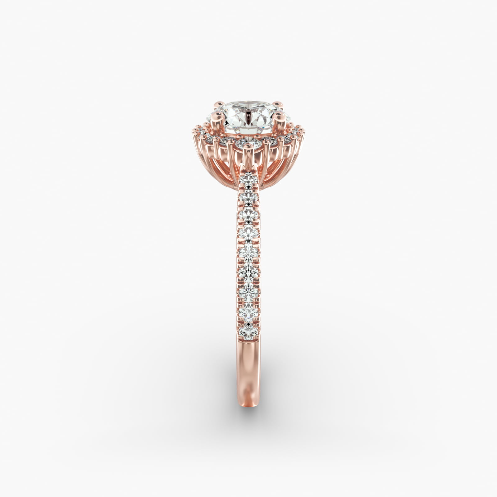 Pavé Diamond Halo Cathedral Engagement Ring In 14K Rose Gold