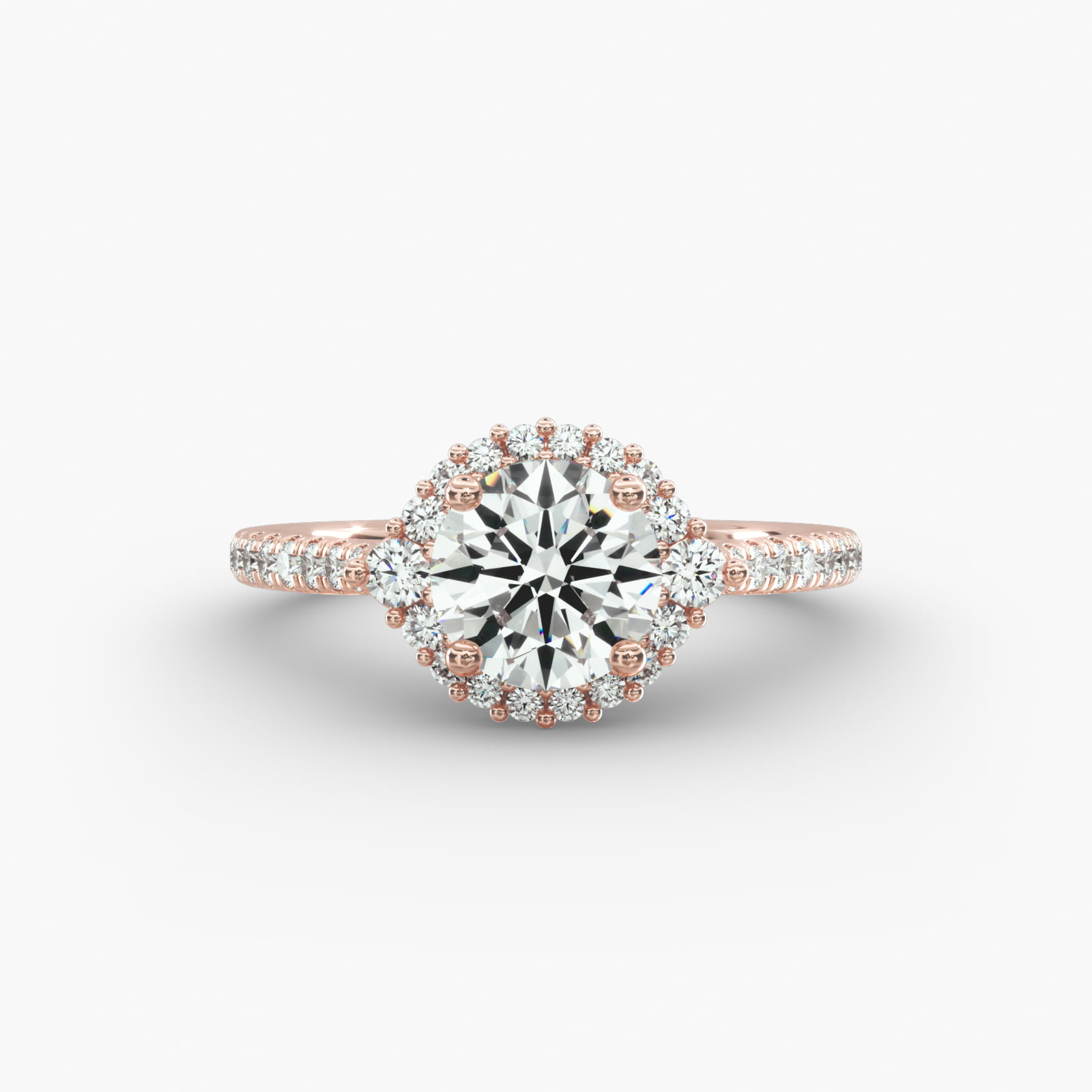 Pavé Diamond Halo Cathedral Engagement Ring In 14K Rose Gold
