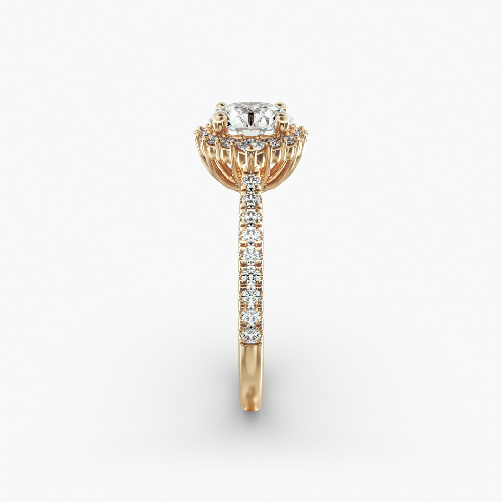 Pavé Diamond Halo Cathedral Engagement Ring In 14K Yellow Gold