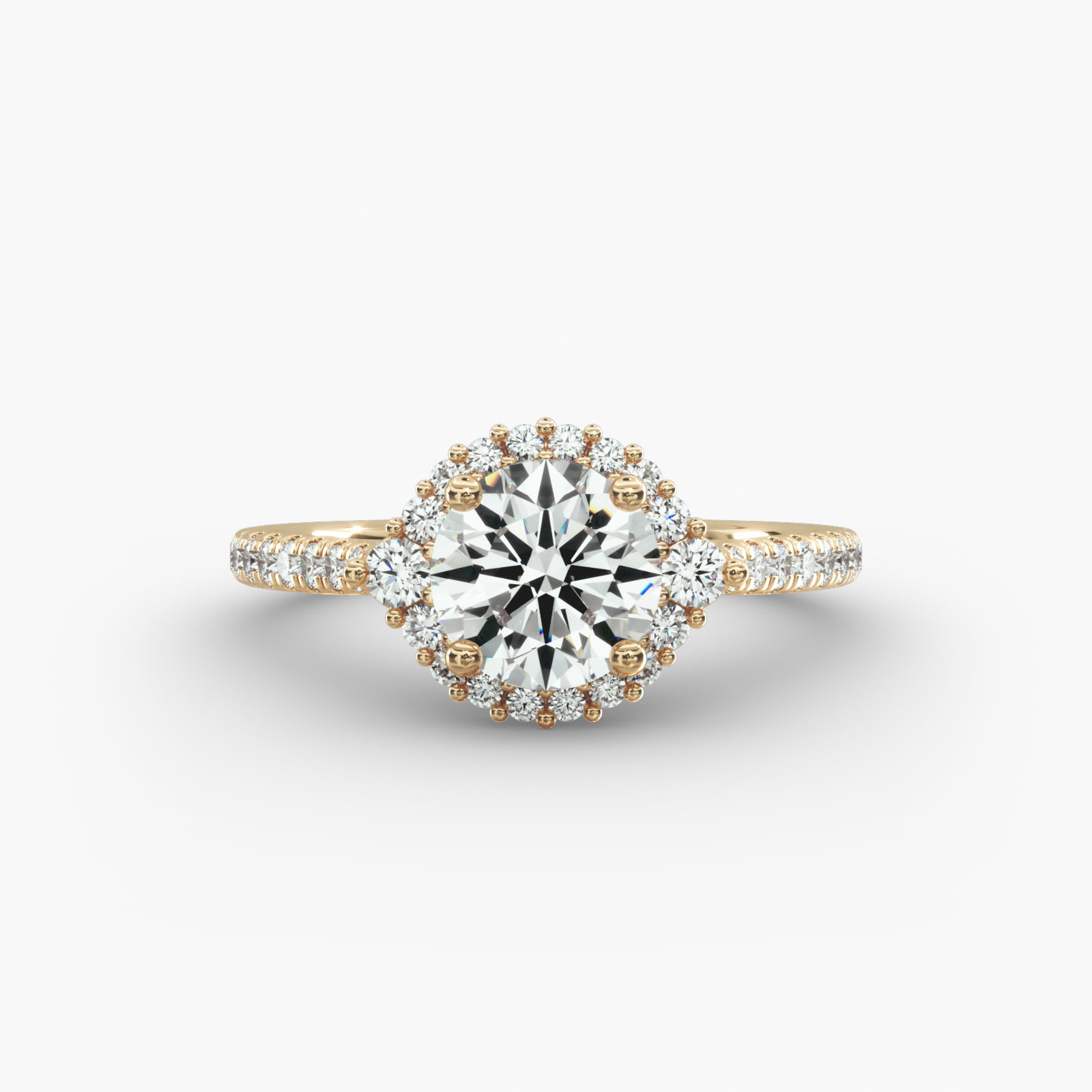 Pavé Diamond Halo Cathedral Engagement Ring In 14K Yellow Gold