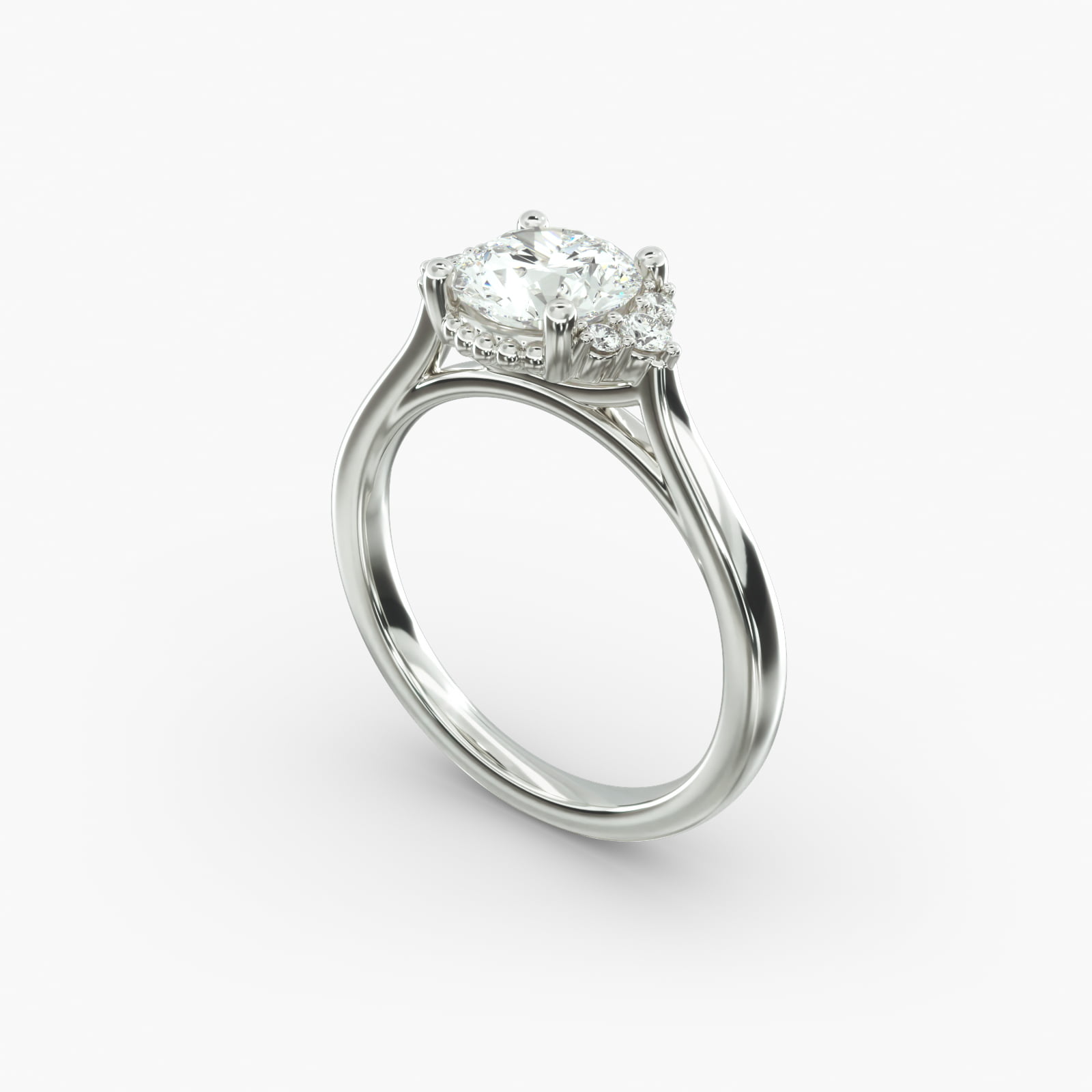 Bead Accent Pavé Trio Side Stone Diamond Engagement Ring In 18K